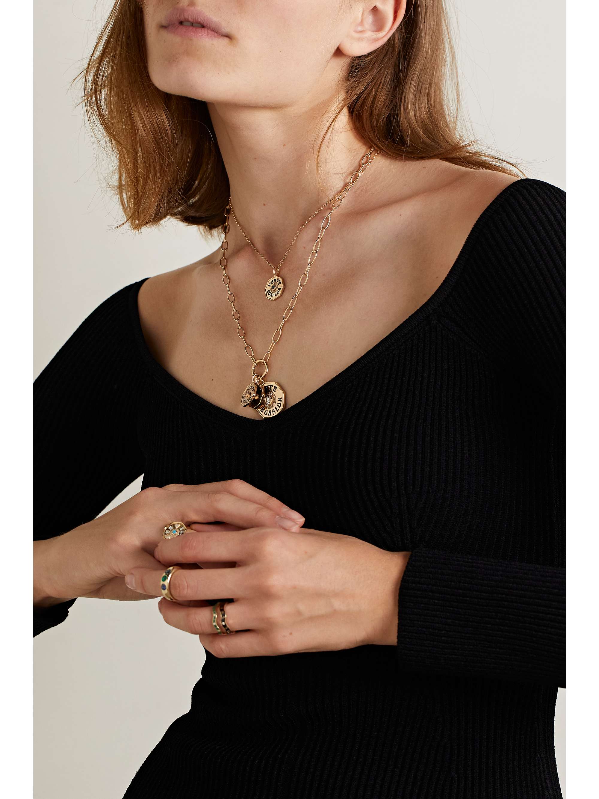 MARLO LAZ Mini Porte Bonheur 14-karat gold, enamel, sapphire and diamond necklace