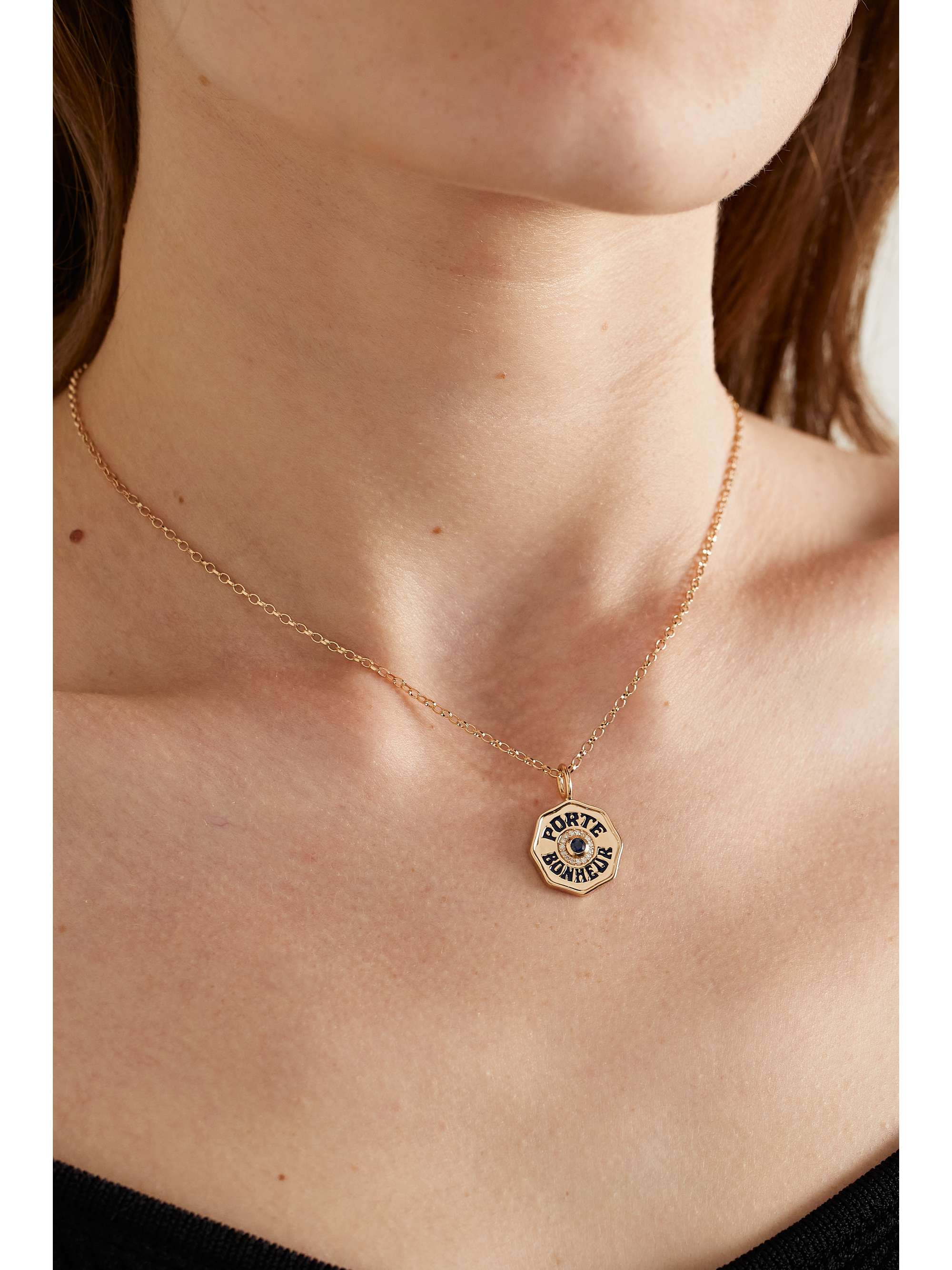 MARLO LAZ Mini Porte Bonheur 14-karat gold, enamel, sapphire and diamond necklace