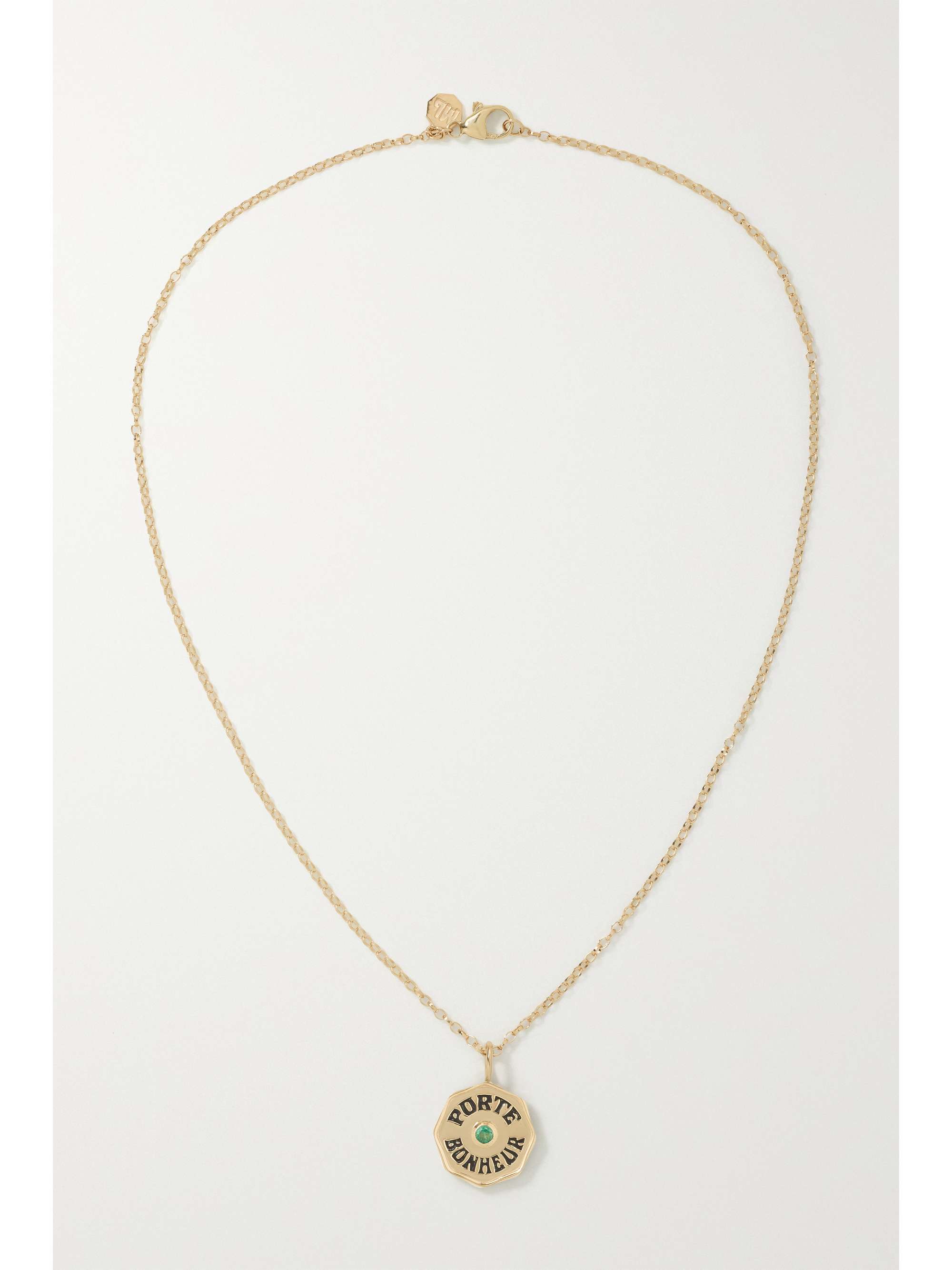 MARLO LAZ Mini Porte Bonheur Coin 14-karat gold, enamel and emerald necklace