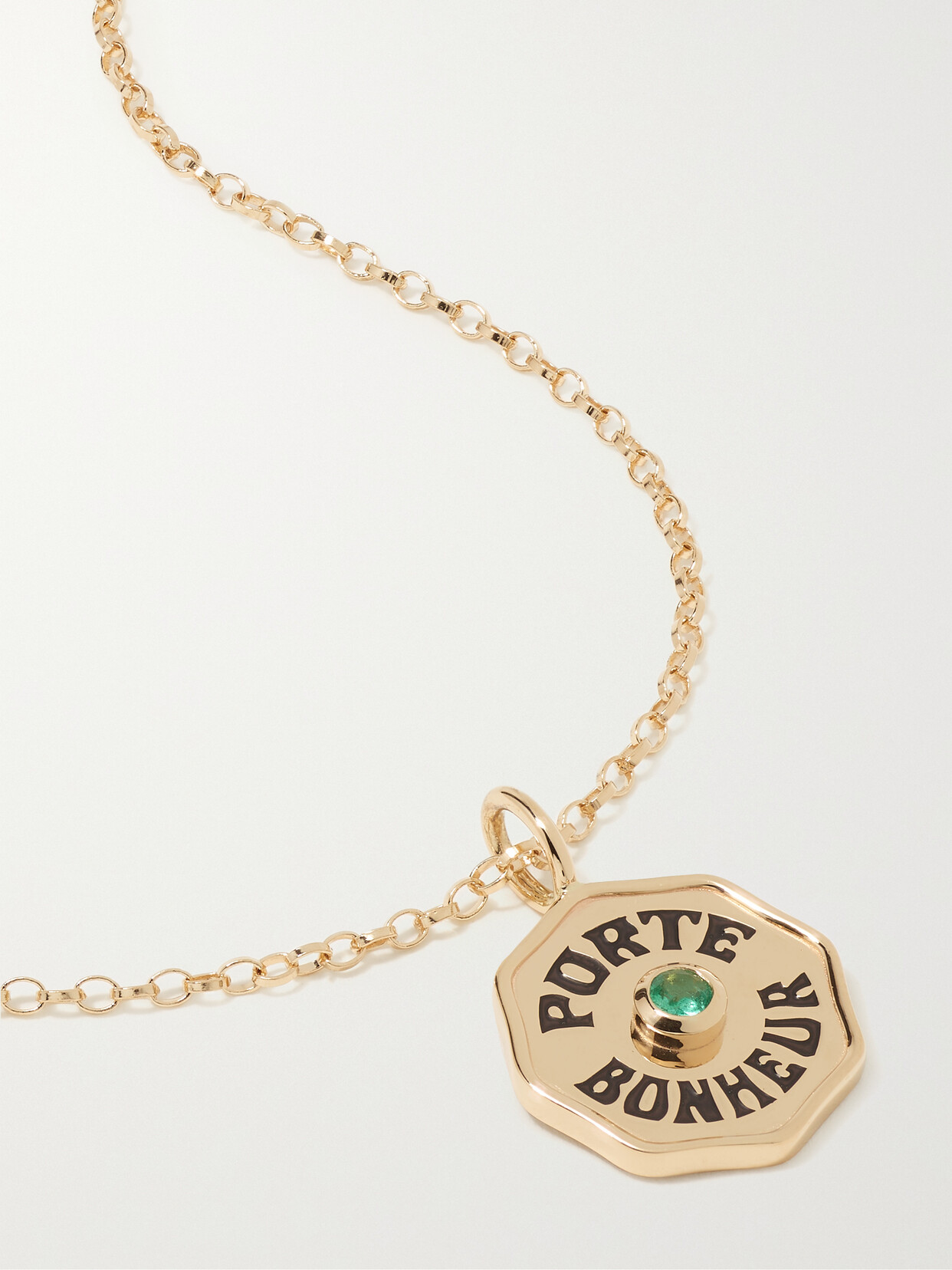 Shop Marlo Laz Mini Porte Bonheur Coin 14-karat Gold, Enamel And Emerald Necklace