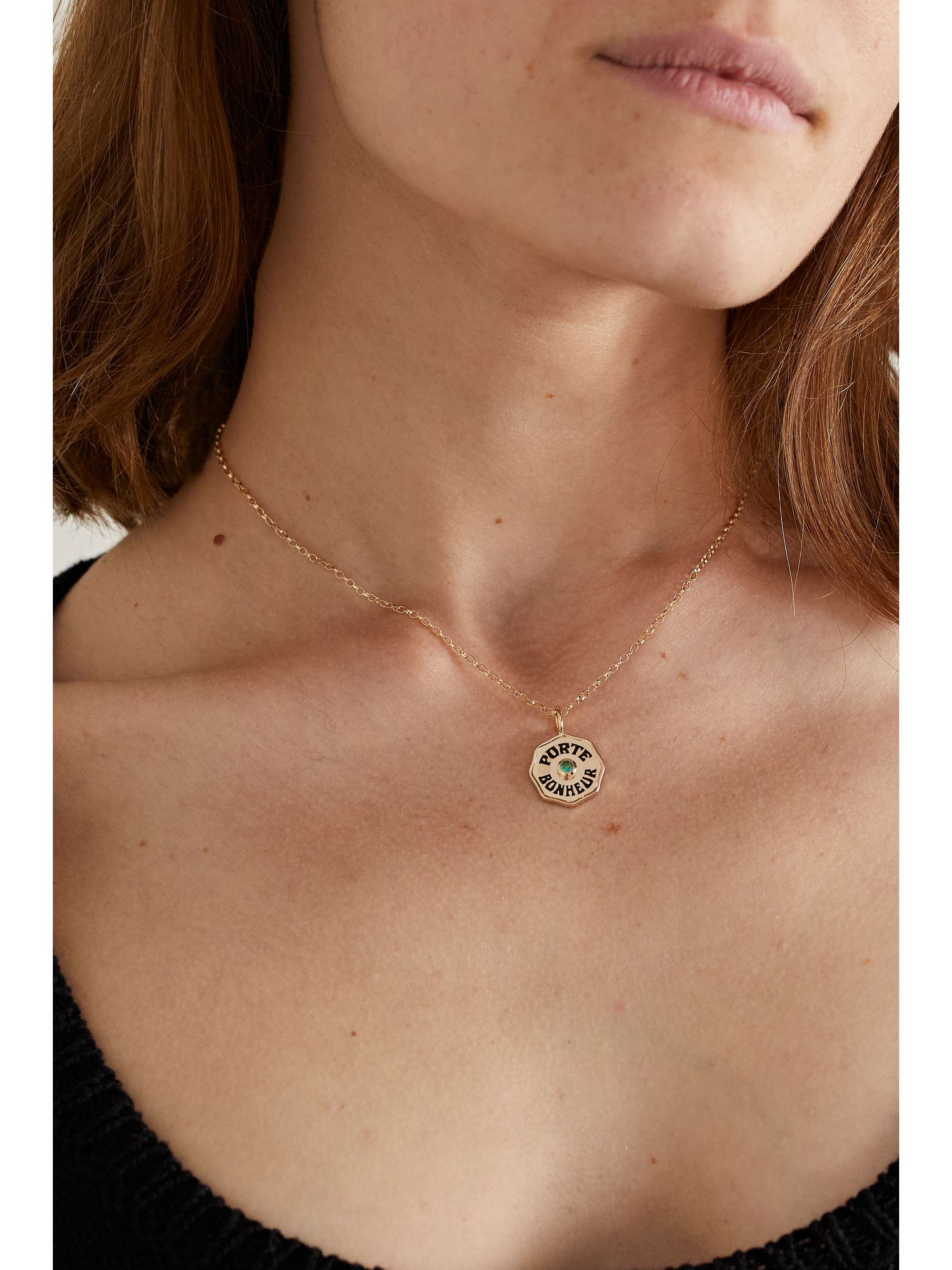MARLO LAZ Mini Porte Bonheur Coin 14-karat gold, enamel and emerald necklace