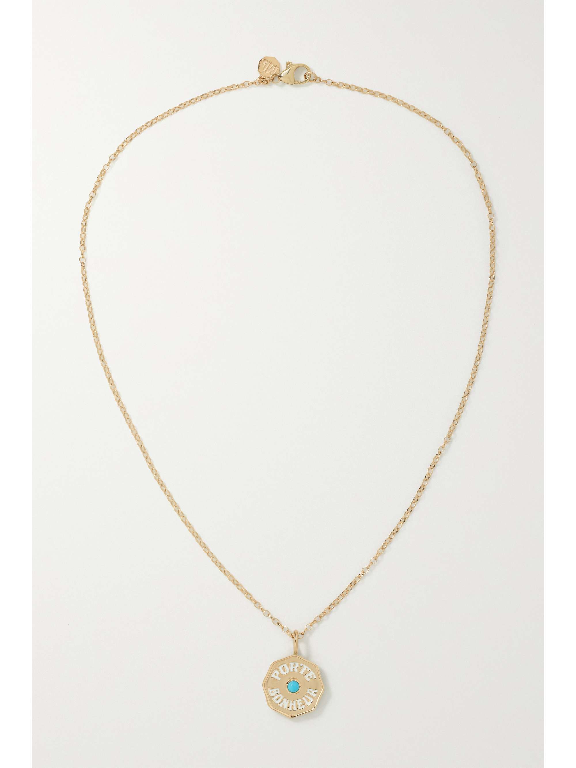 MARLO LAZ Mini Porte Bonheur Coin 14-karat gold, enamel and turquoise necklace