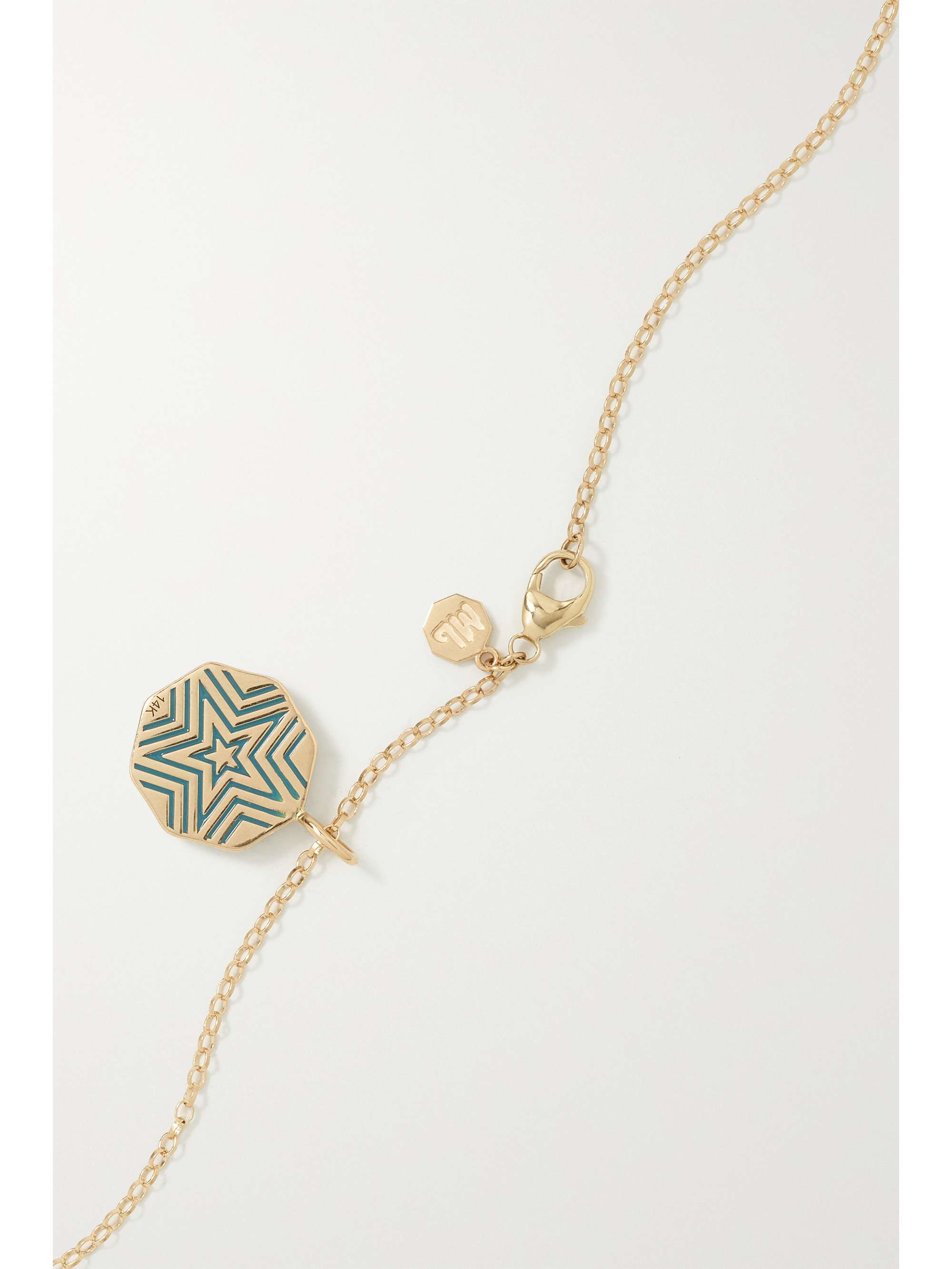 MARLO LAZ Mini Porte Bonheur Coin 14-karat gold, enamel and aquamarine necklace