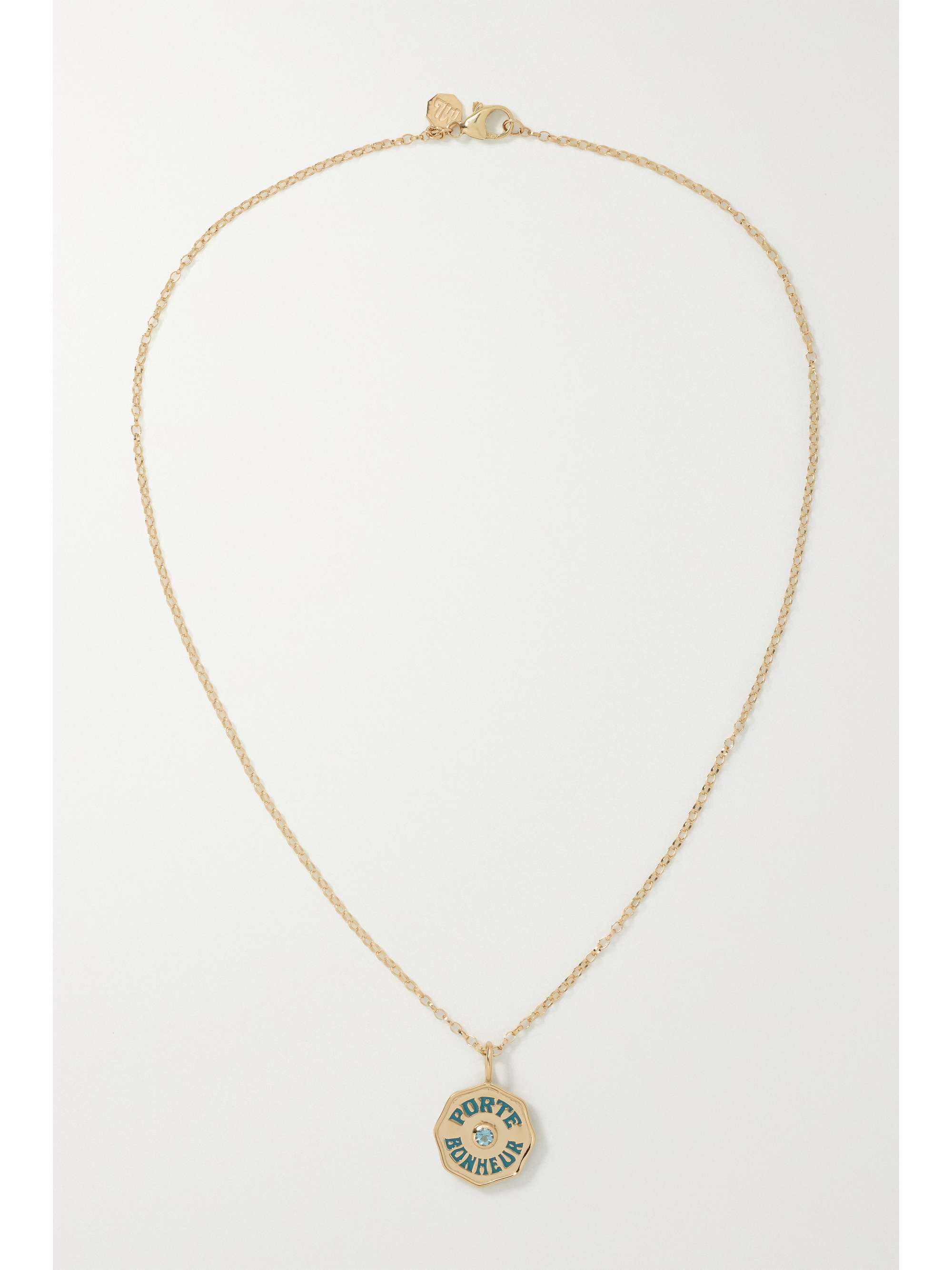 MARLO LAZ Mini Porte Bonheur Coin 14-karat gold, enamel and aquamarine necklace