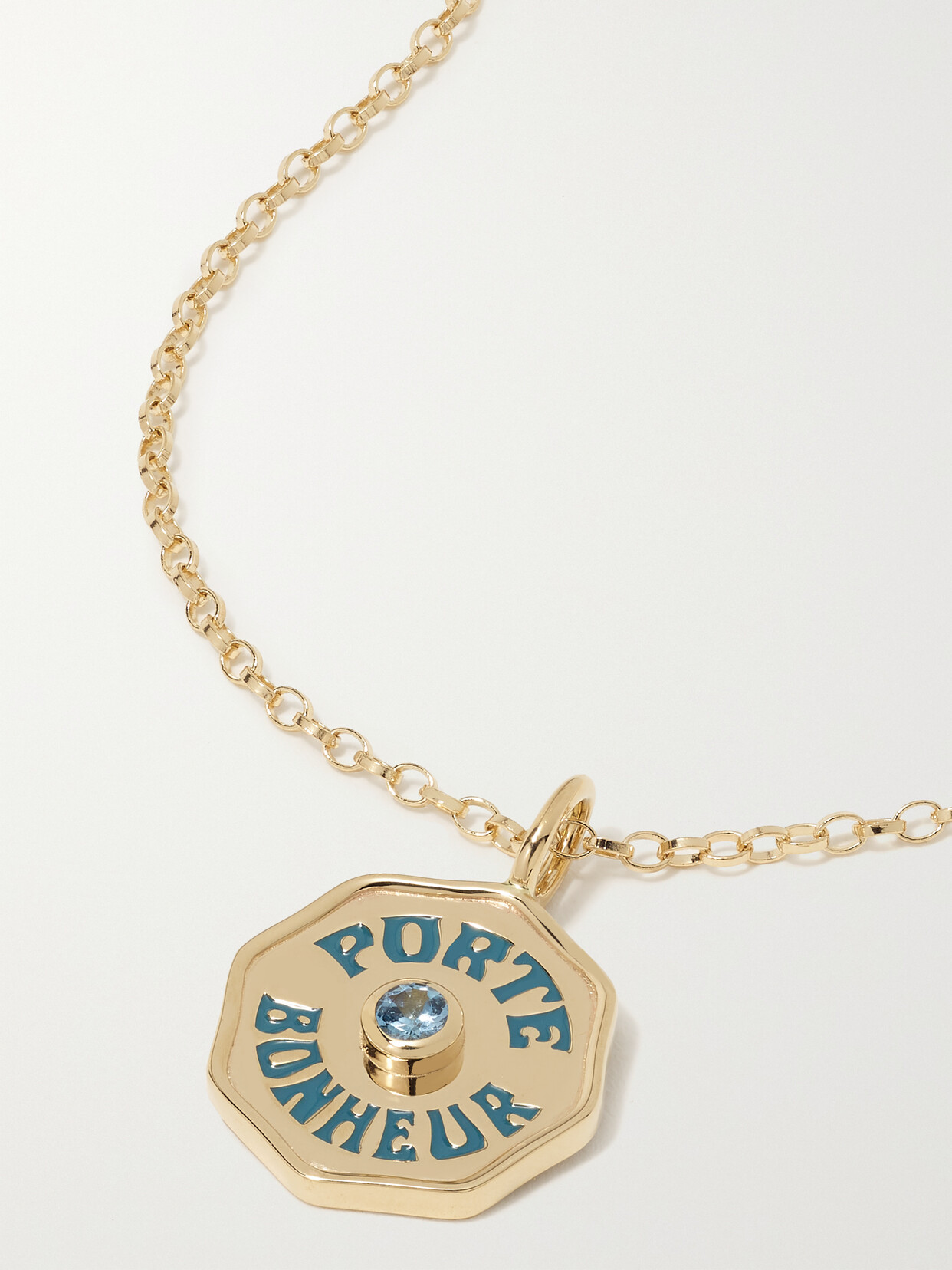 Marlo Laz Mini Porte Bonheur Coin 14-karat Gold, Enamel And Aquamarine Necklace