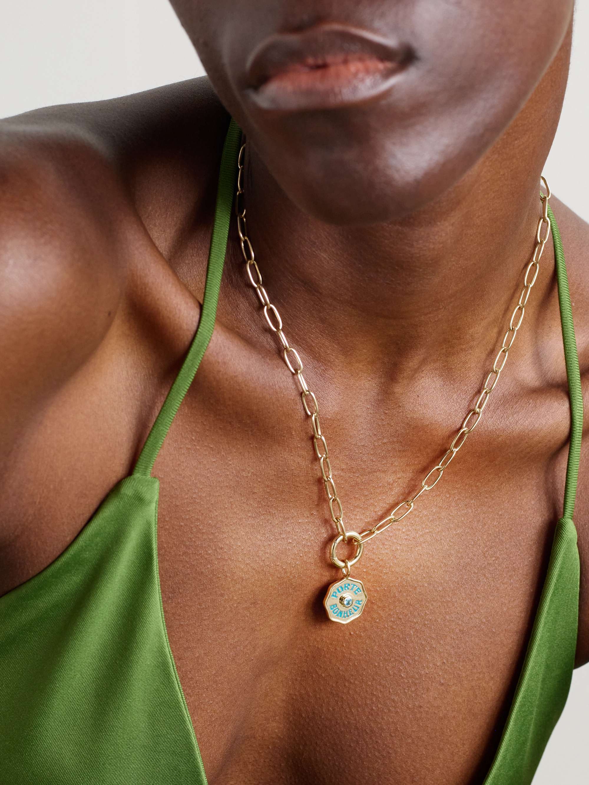 MARLO LAZ Mini Porte Bonheur Coin 14-karat gold, enamel and aquamarine necklace