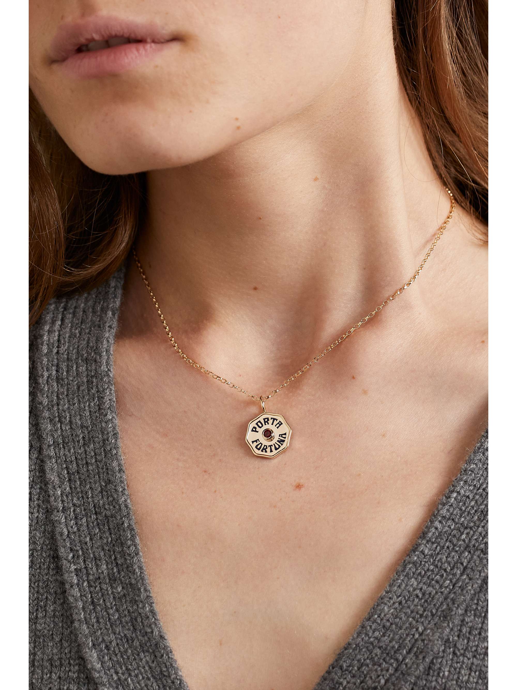 MARLO LAZ Porta Fortuna 14-karat gold, enamel and garnet necklace