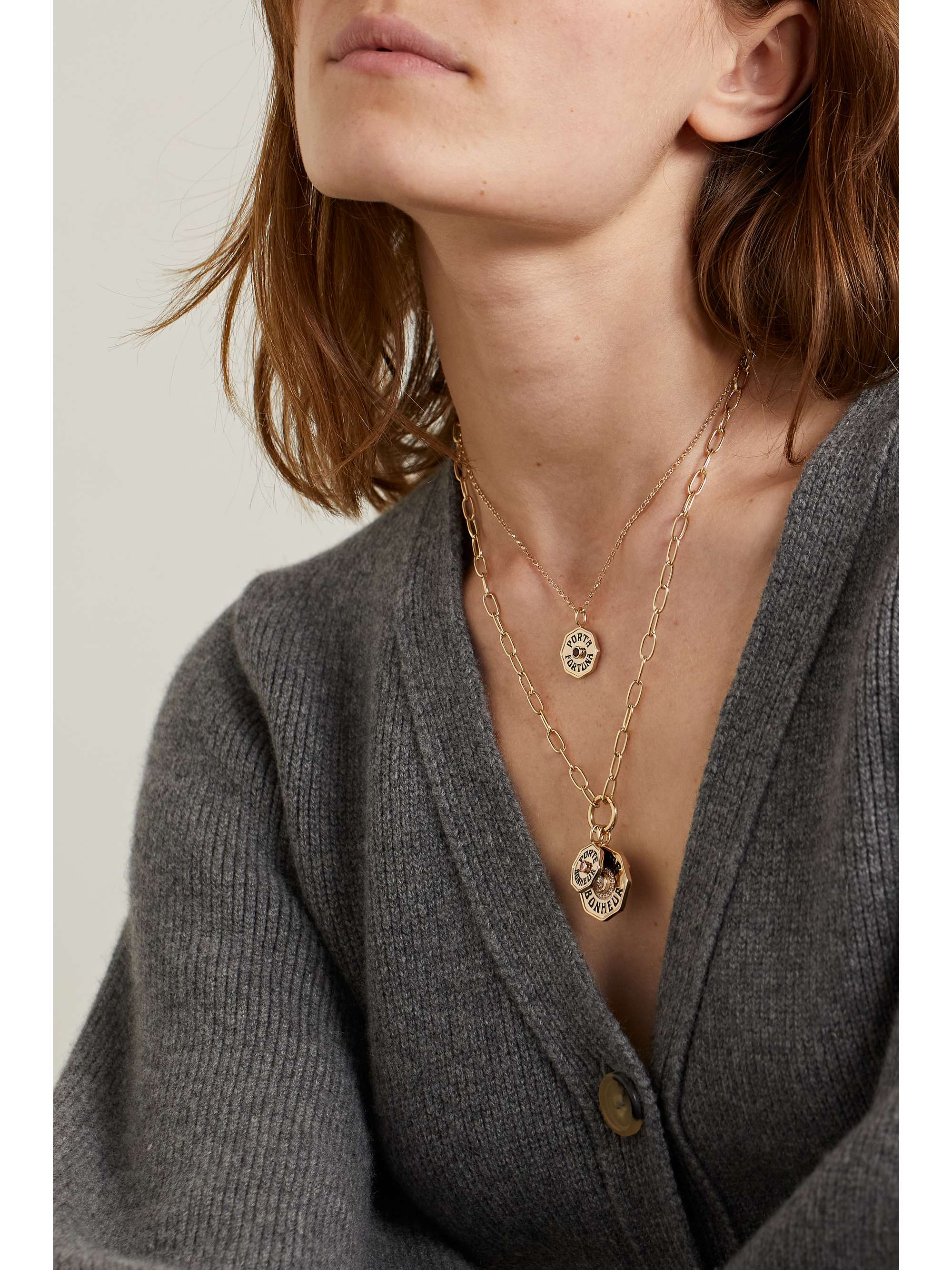 MARLO LAZ Porta Fortuna 14-karat gold, enamel and garnet necklace