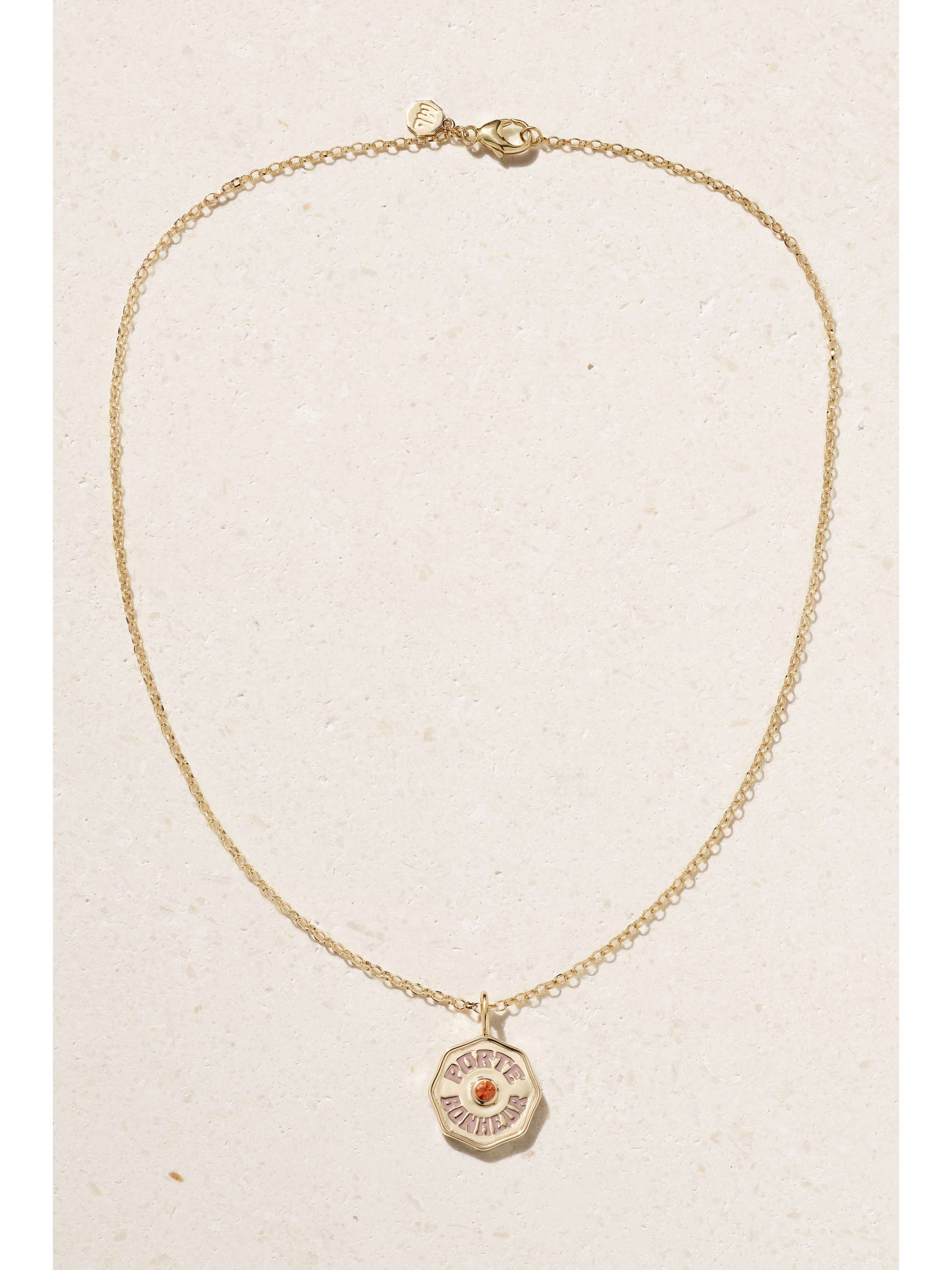MARLO LAZ Mini Porte Bonheur Coin 14-karat gold, enamel and sapphire necklace
