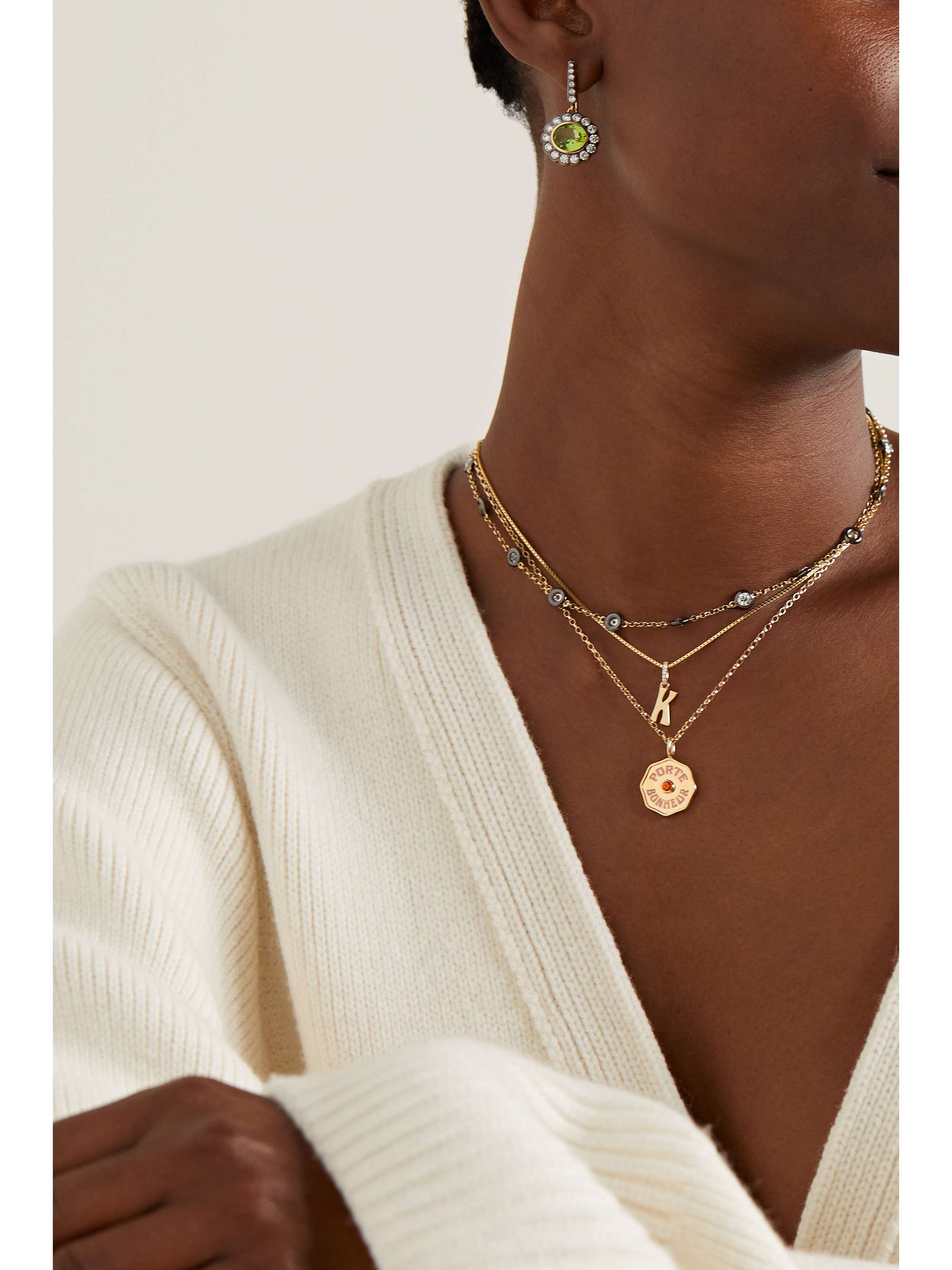 MARLO LAZ Mini Porte Bonheur Coin 14-karat gold, enamel and sapphire necklace