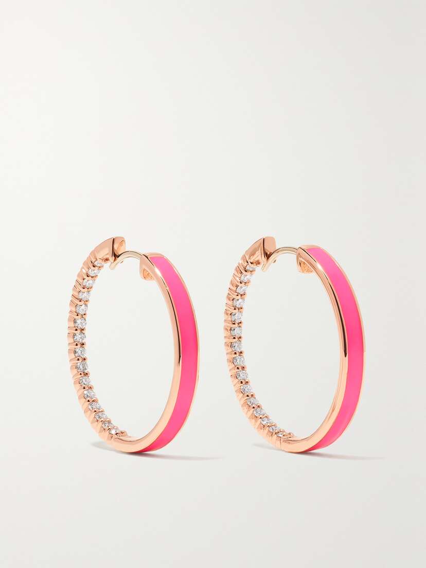 Melissa Kaye Lenox Small 18-karat Pink Gold, Enamel And Diamond Hoop Earrings