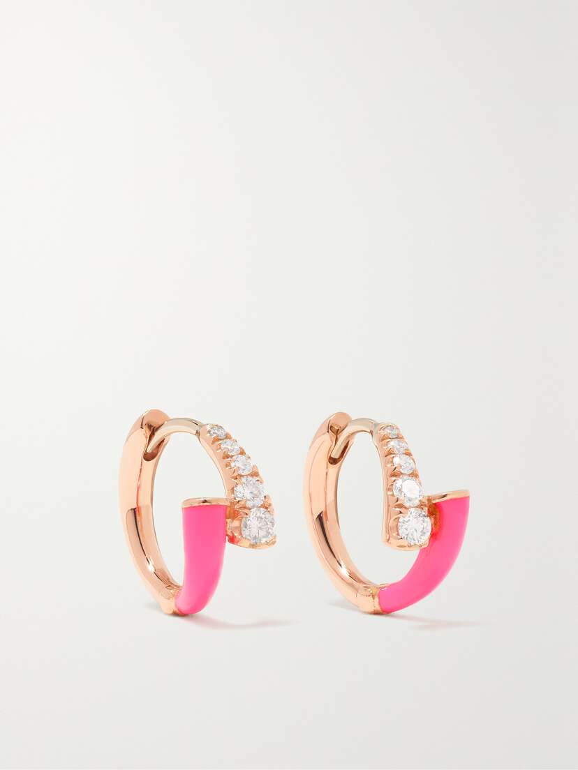 Melissa Kaye Lola Huggie 18-karat Pink Gold, Enamel And Diamond Hoop Earrings