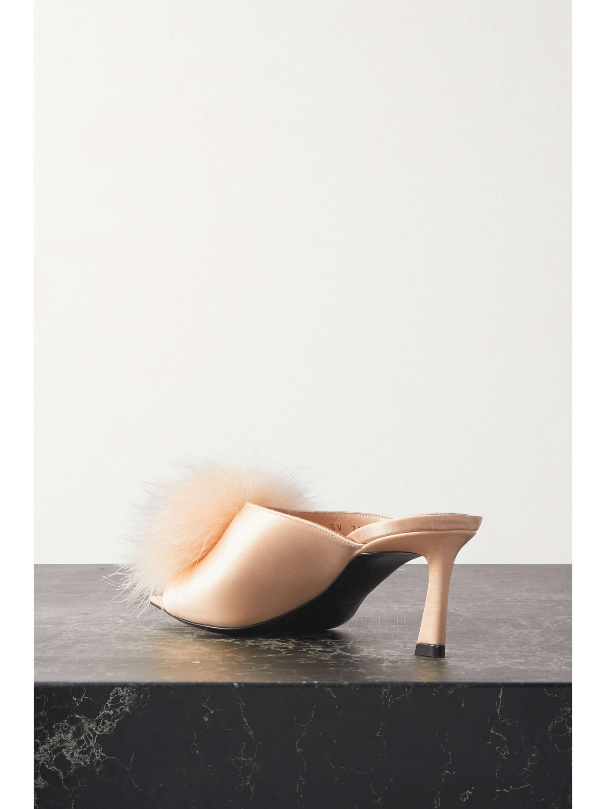 SAINT LAURENT Mae feather-trimmed silk-satin mules | NET-A-PORTER