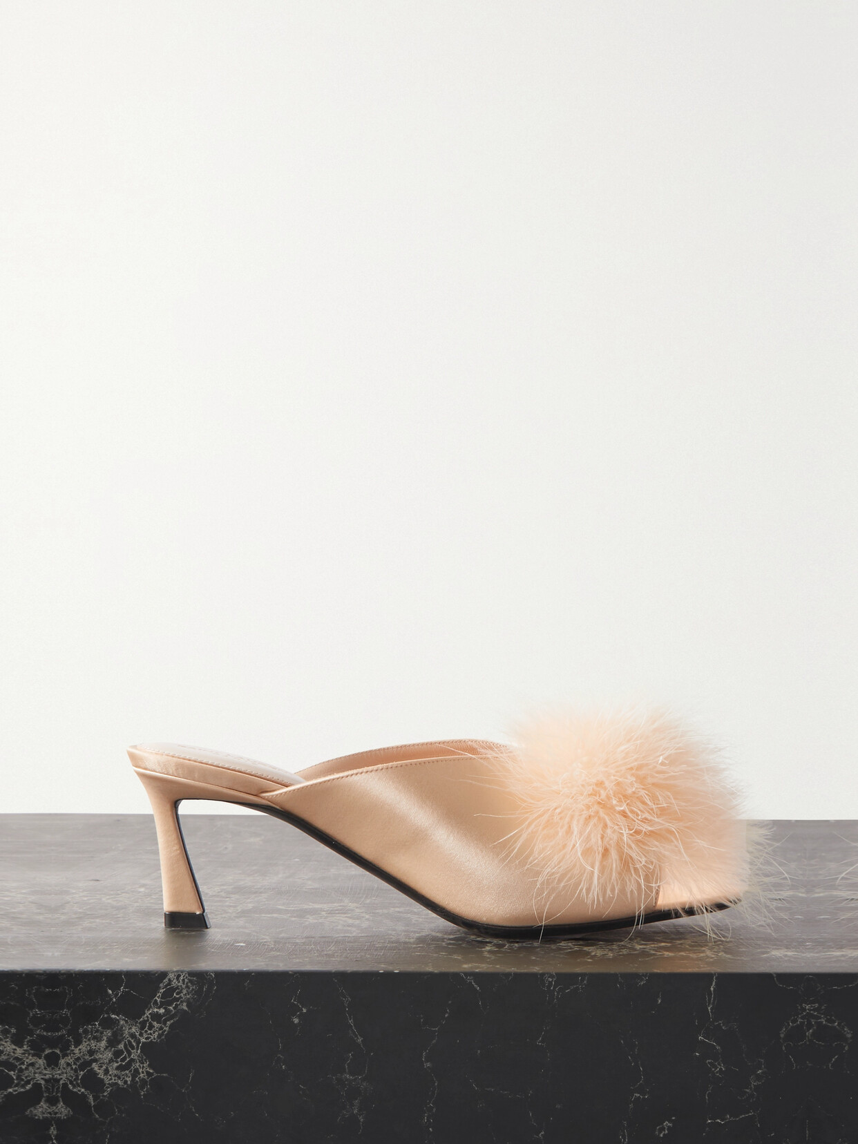 SAINT LAURENT Mae Feather-trimmed Silk-satin Mules - Neutrals