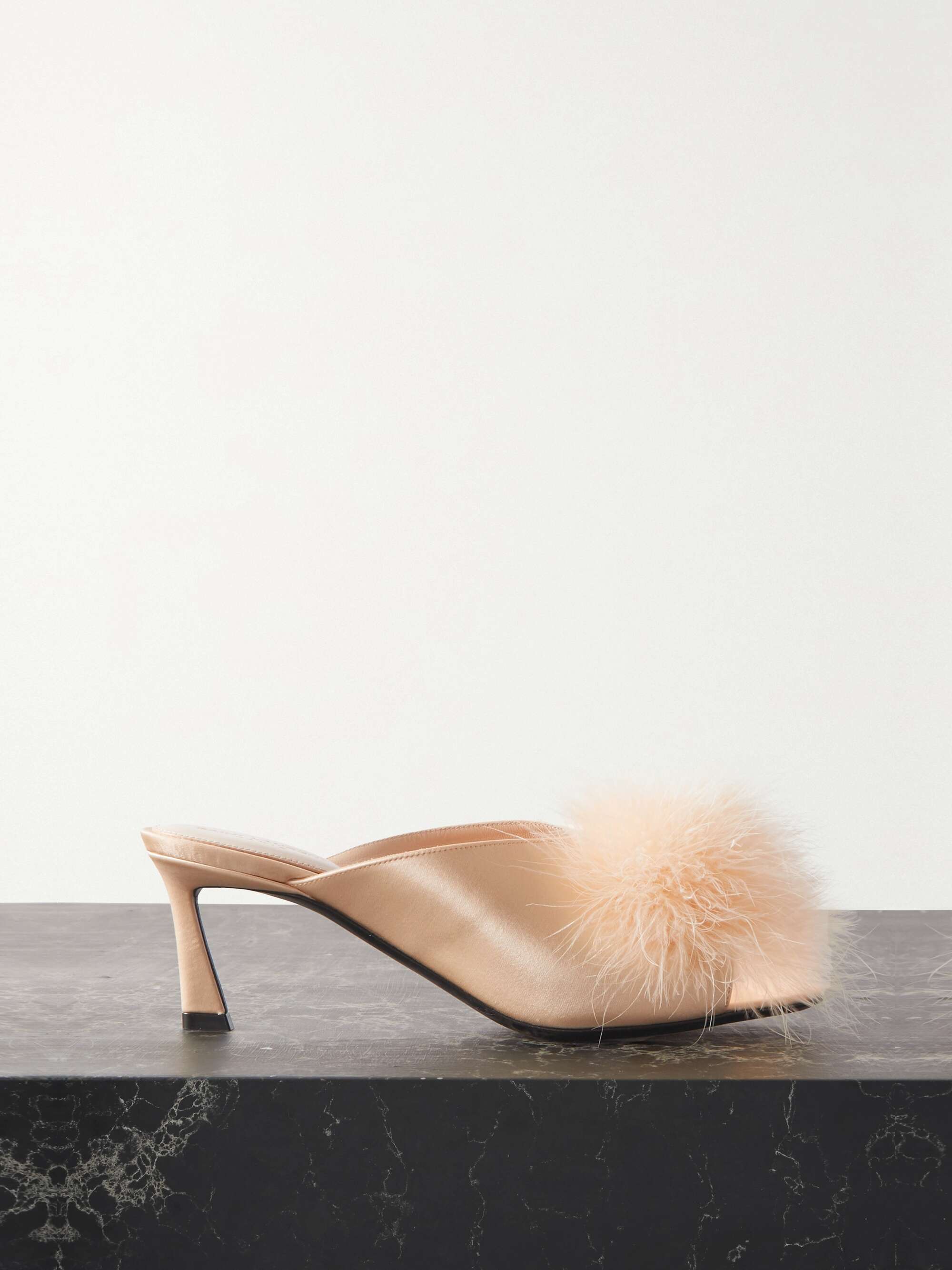 SAINT LAURENT Mae feather-trimmed silk-satin mules | NET-A-PORTER