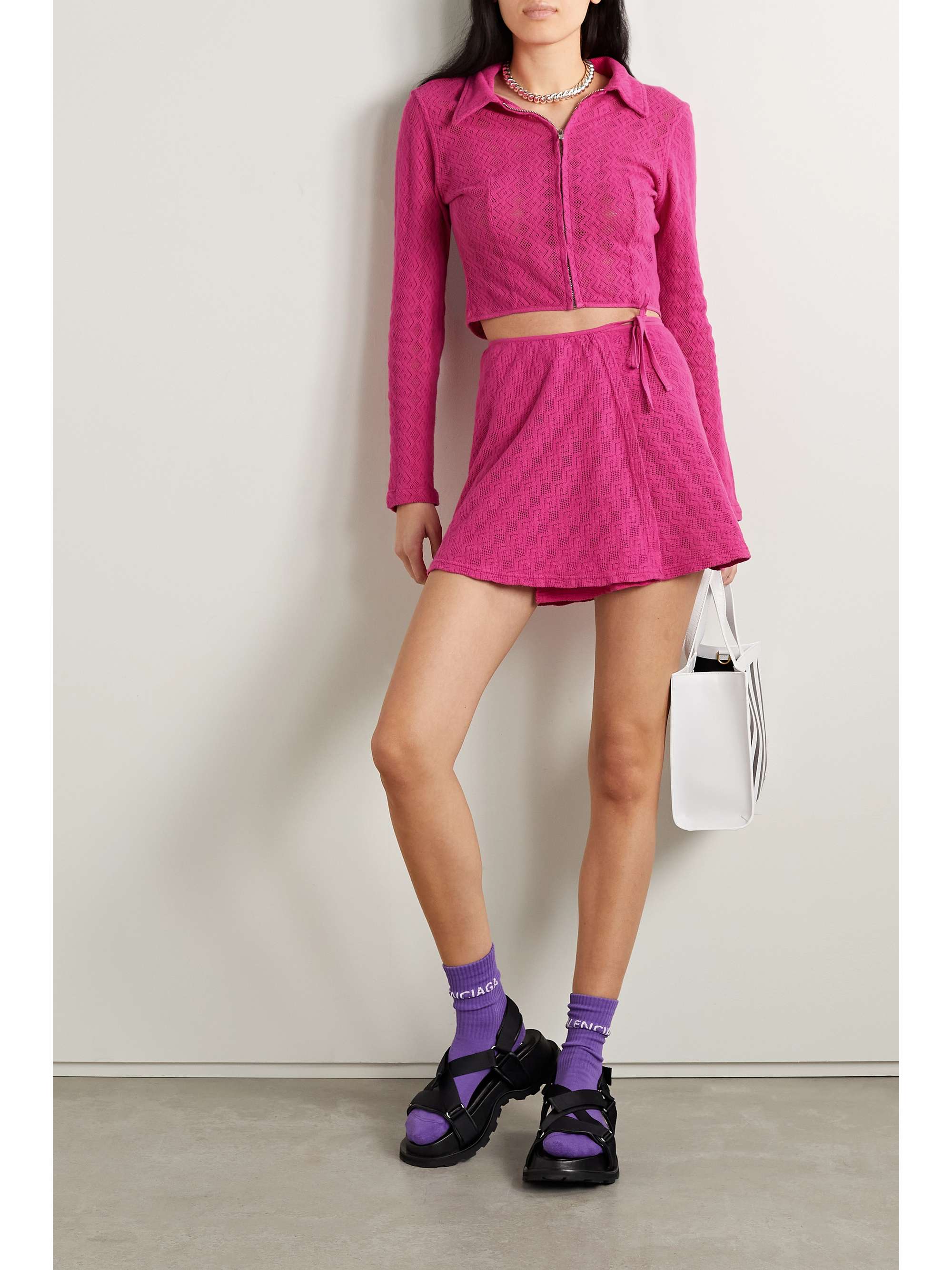 AGR Pointelle-knit cotton mini wrap skirt