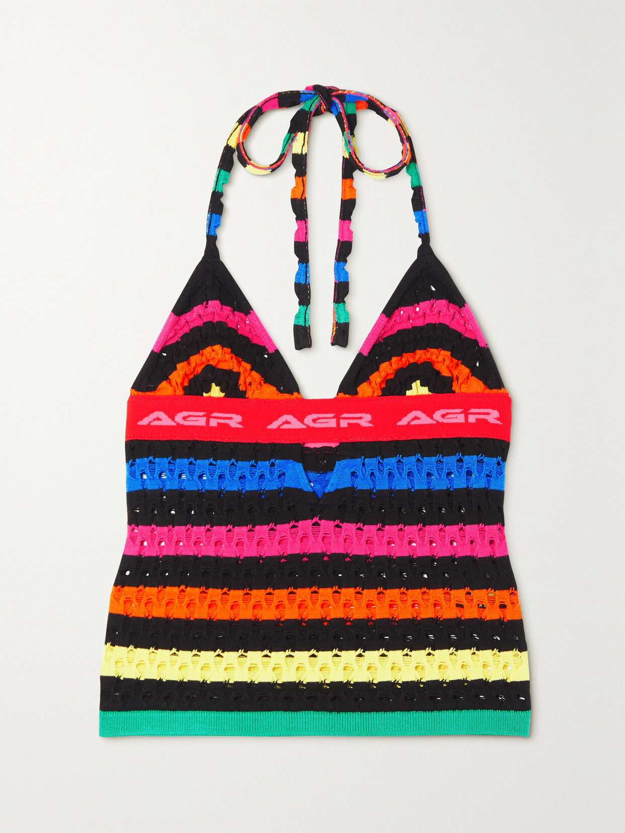 Agr Striped Open-knit Halterneck Top In Black