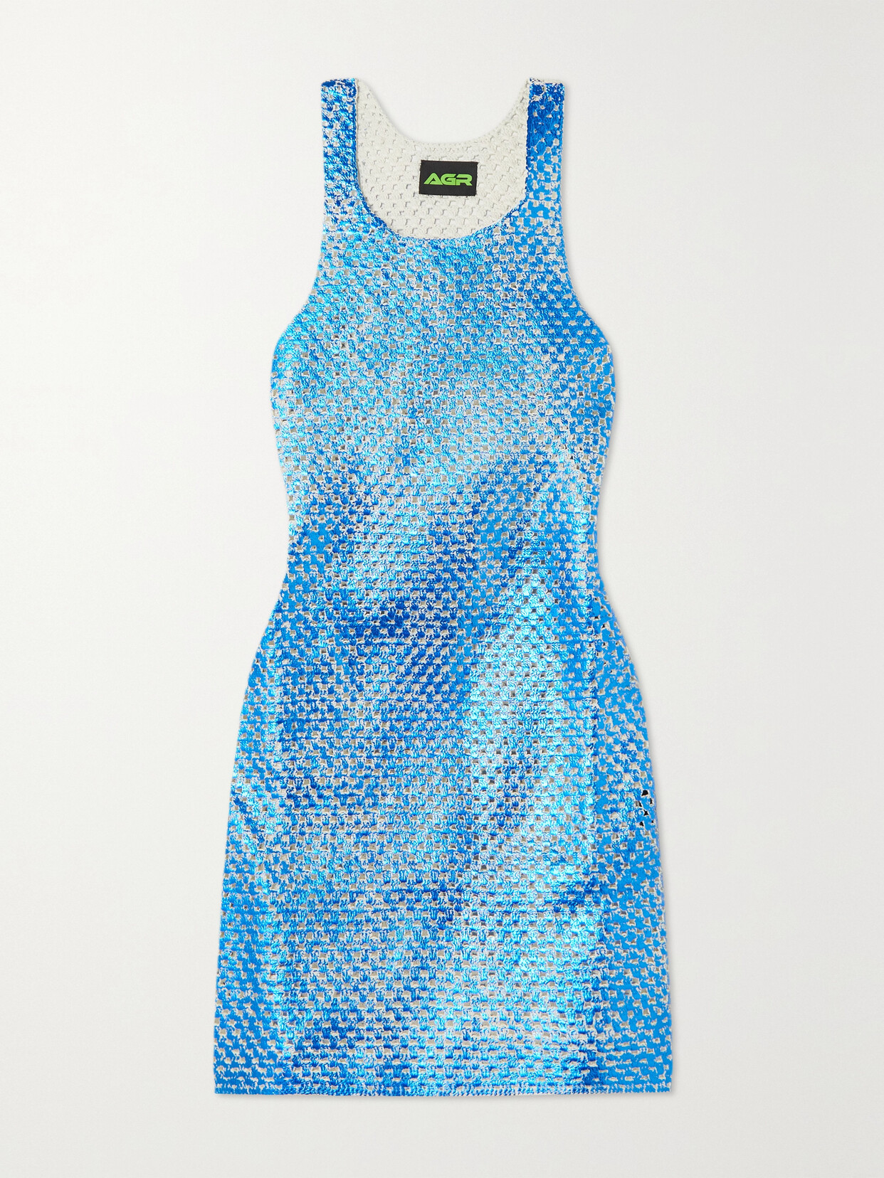 Agr Foiled Wisdom Metallic Crocheted Cotton Mini Dress In Blue