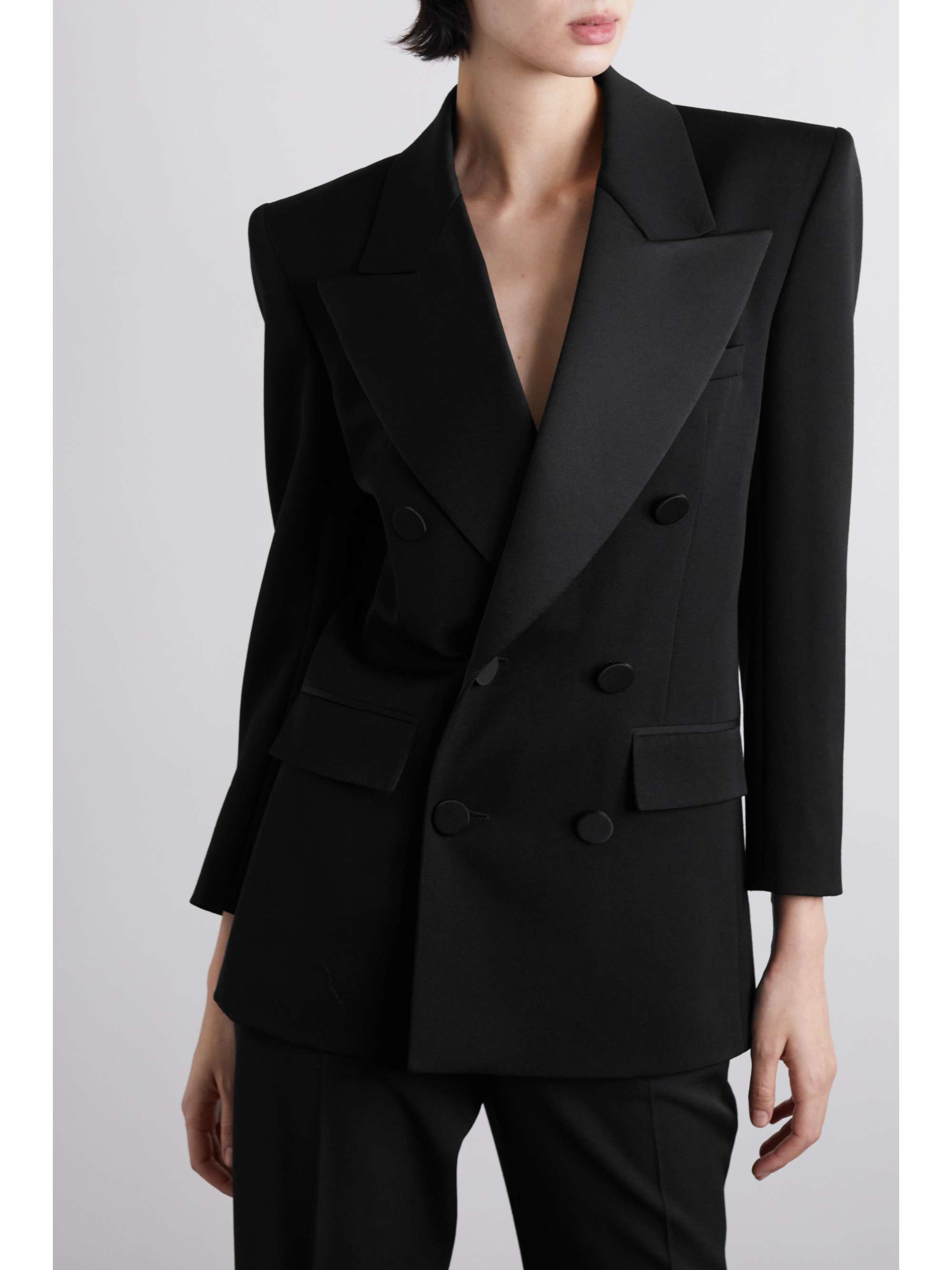 SAINT LAURENT Double-breasted satin-trimmed grain de poudre wool blazer ...