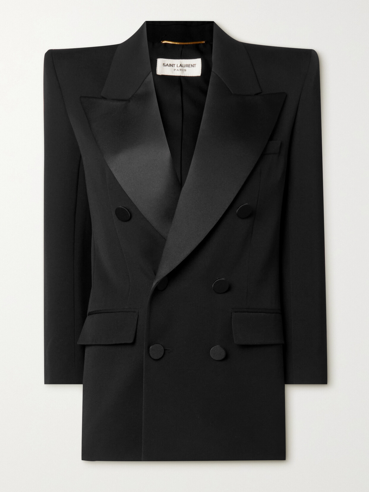 SAINT LAURENT Double-breasted Satin-trimmed Grain De Poudre Wool Blazer - Black