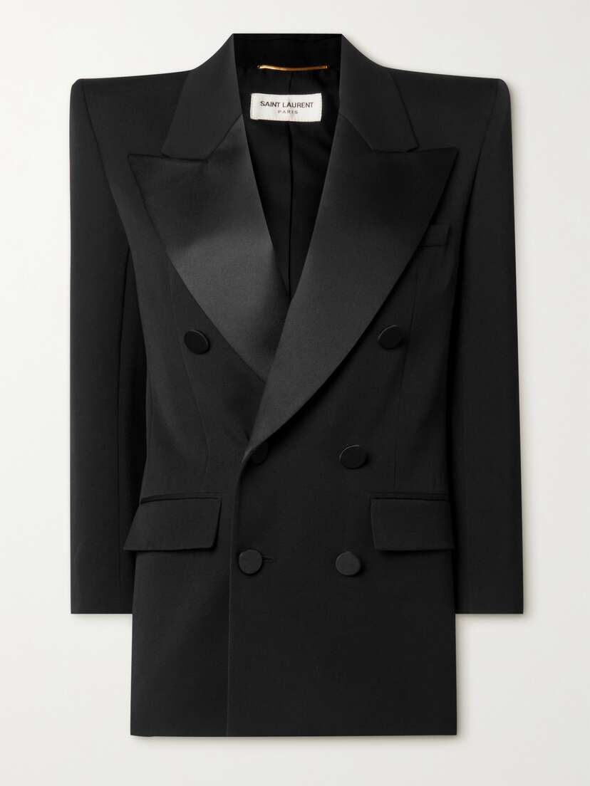 Saint Laurent Double-breasted Satin-trimmed Grain De Poudre Wool Blazer