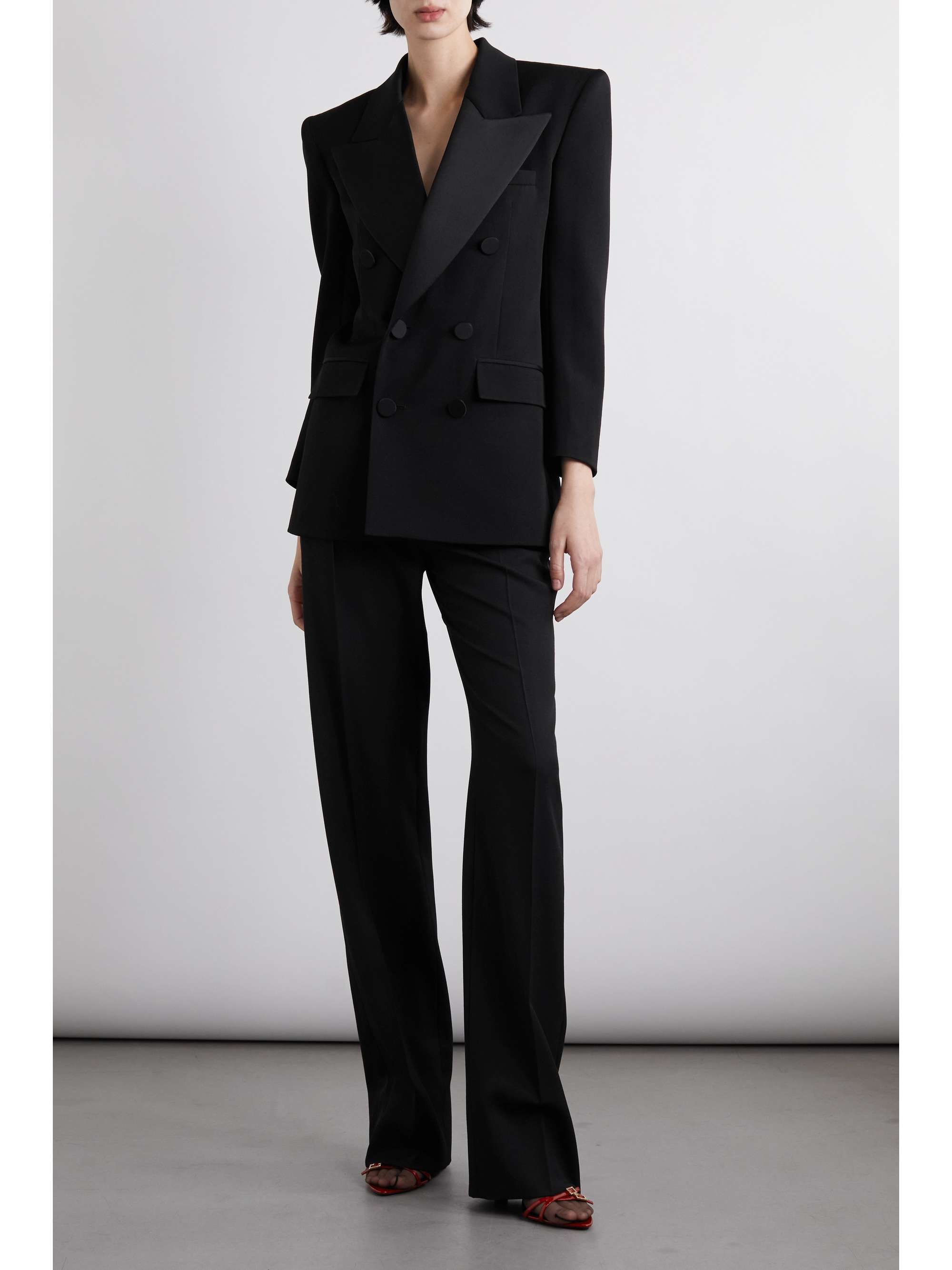 SAINT LAURENT Double-breasted satin-trimmed grain de poudre wool blazer ...