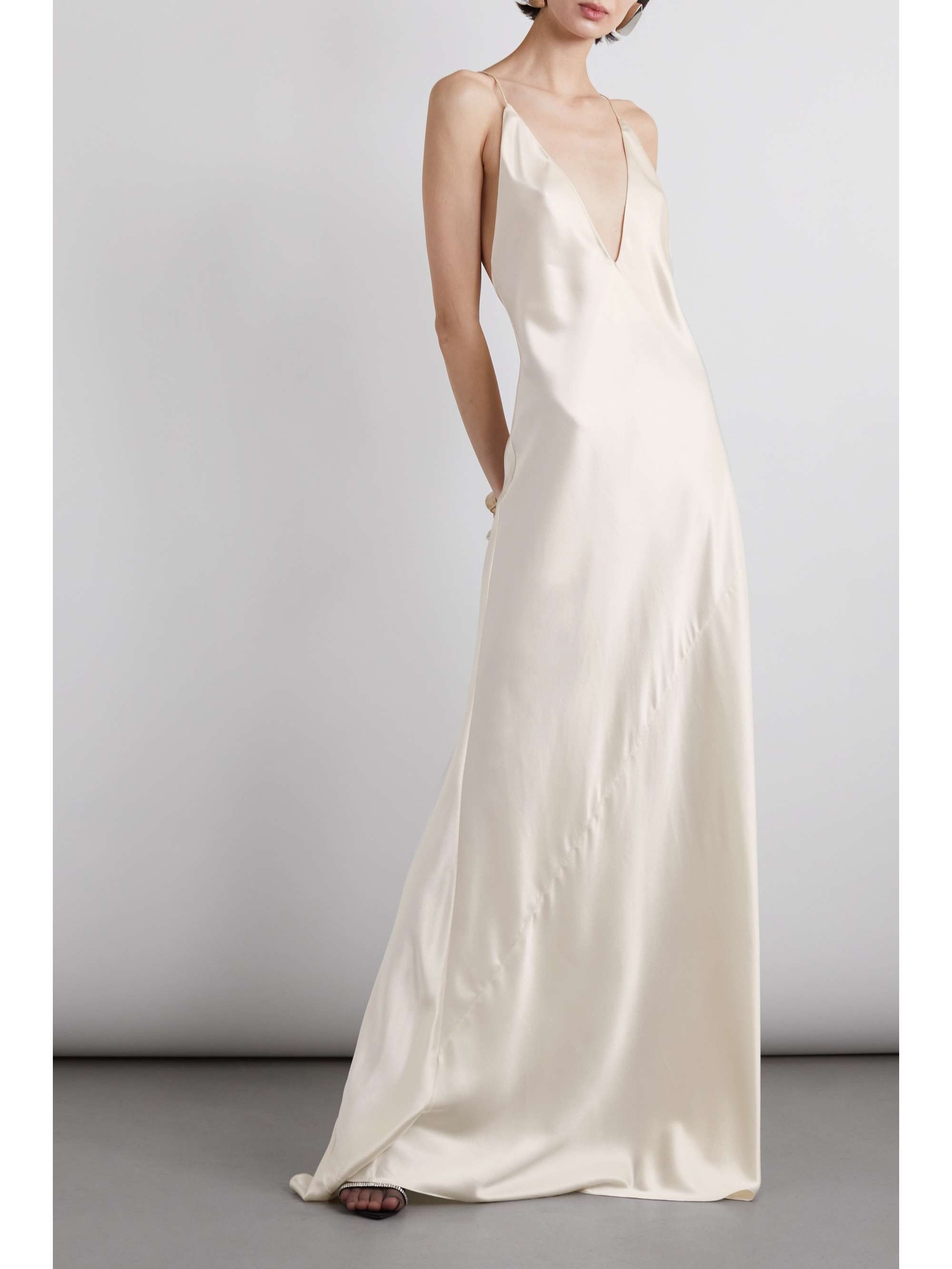 open back white silk dress