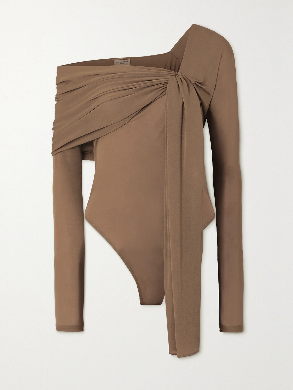 Saint Laurent One-shoulder Ruched Asymmetric Jersey Thong Bodysuit In Brown