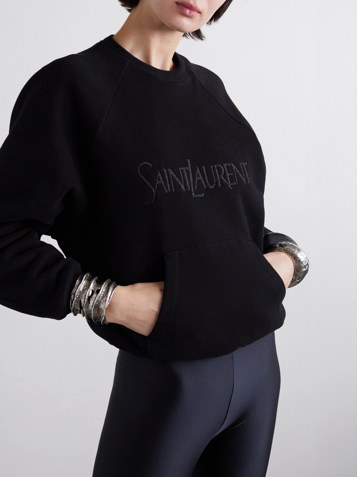 Shop Saint Laurent Embroidered Cotton-jersey Sweatshirt In Black