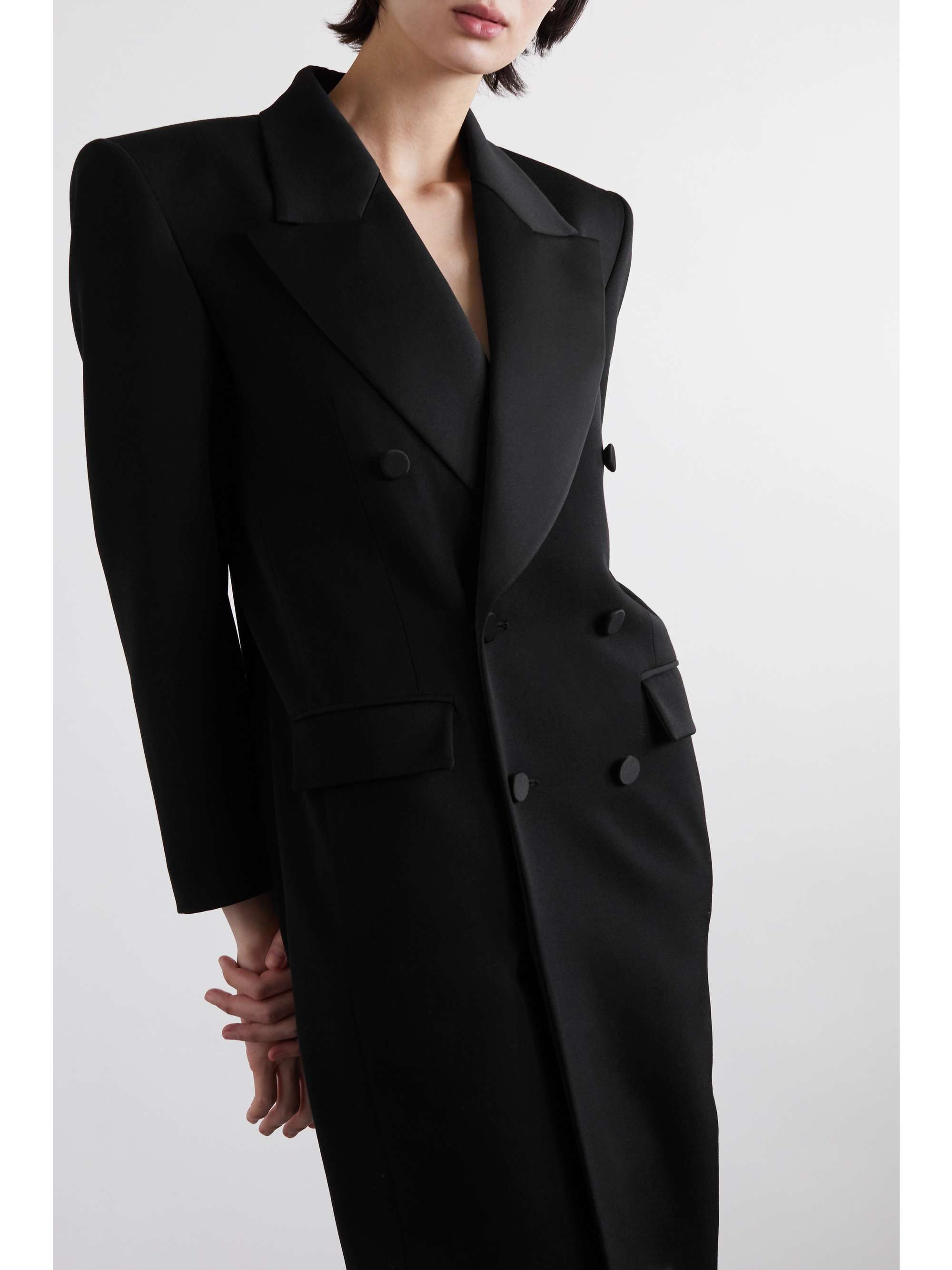 SAINT LAURENT Double-breasted satin-trimmed wool-crepe coat