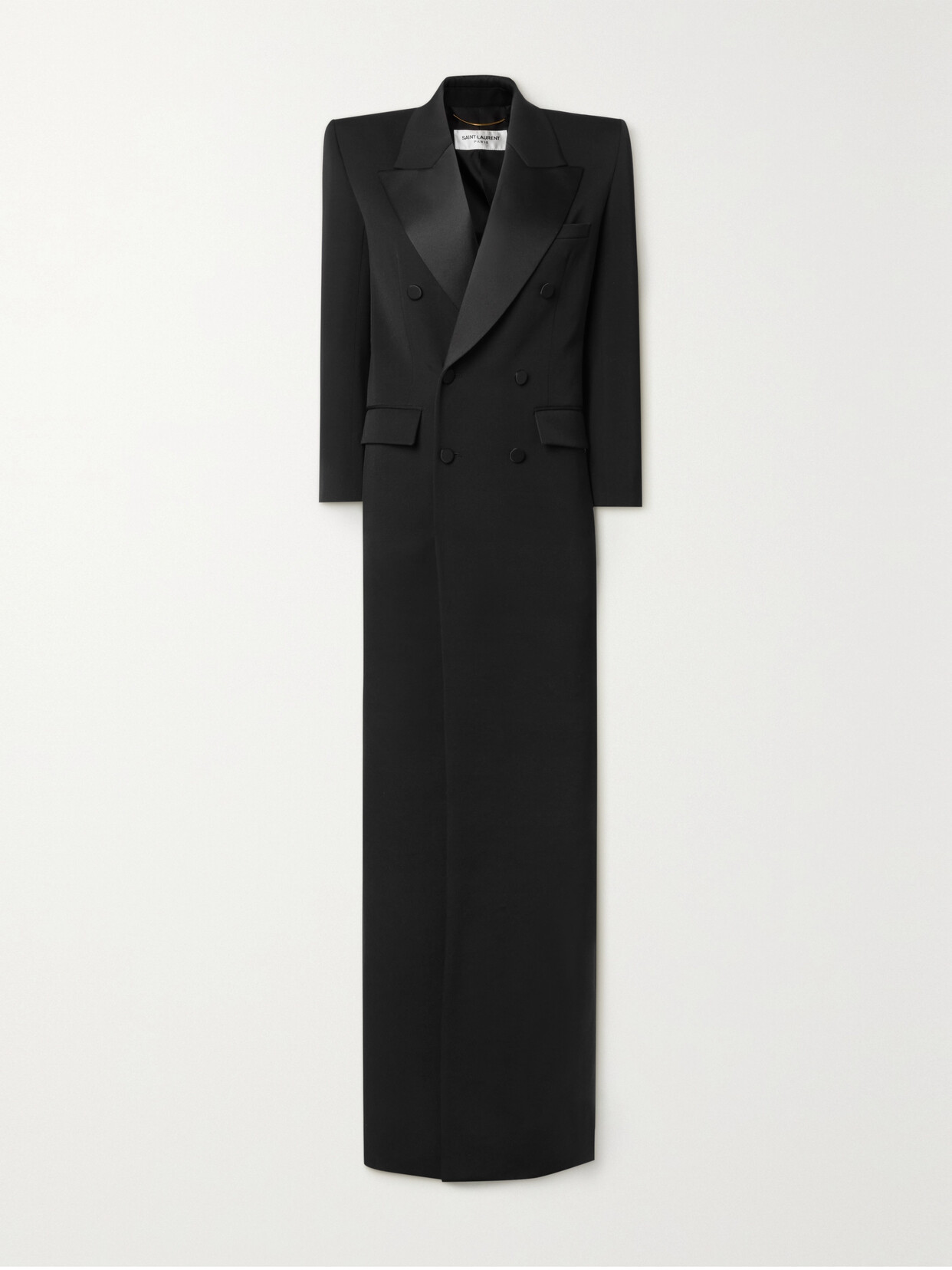 Shop Saint Laurent Double-breasted Satin-trimmed Wool-crepe Coat In Black