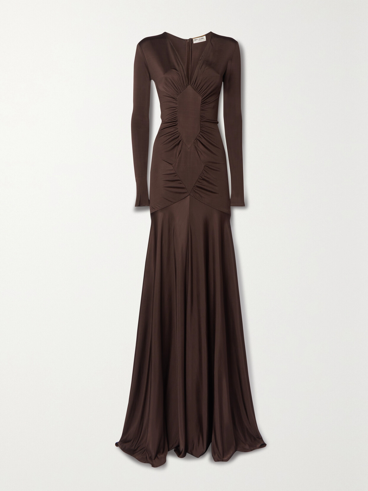 Saint Laurent Ruched Paneled Satin-jersey Maxi Dress In Brown