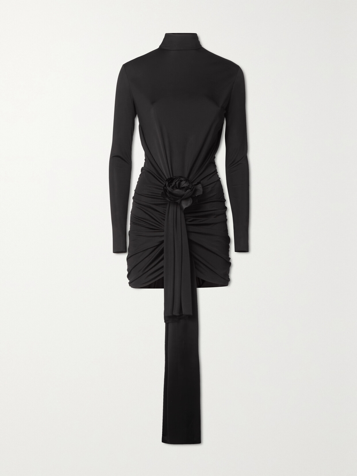 SAINT LAURENT EMBELLISHED RUCHED SATIN-JERSEY MINI DRESS