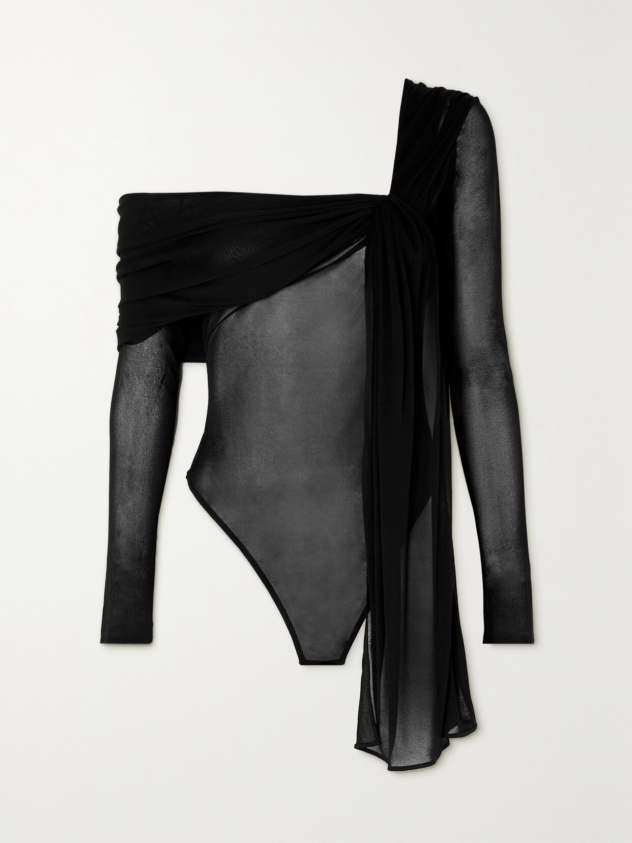 SAINT LAURENT - One-shoulder Ruched Asymmetric Jersey Thong Bodysuit - Black