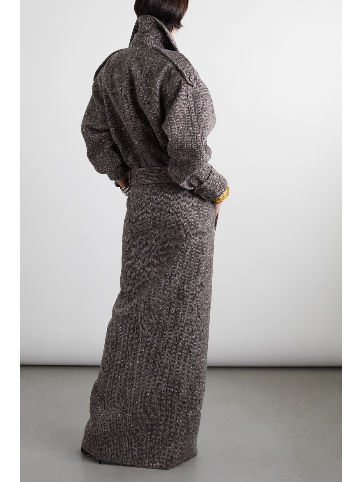 Saint Laurent Belted Herringbone Wool-blend Coat In Brown | ModeSens