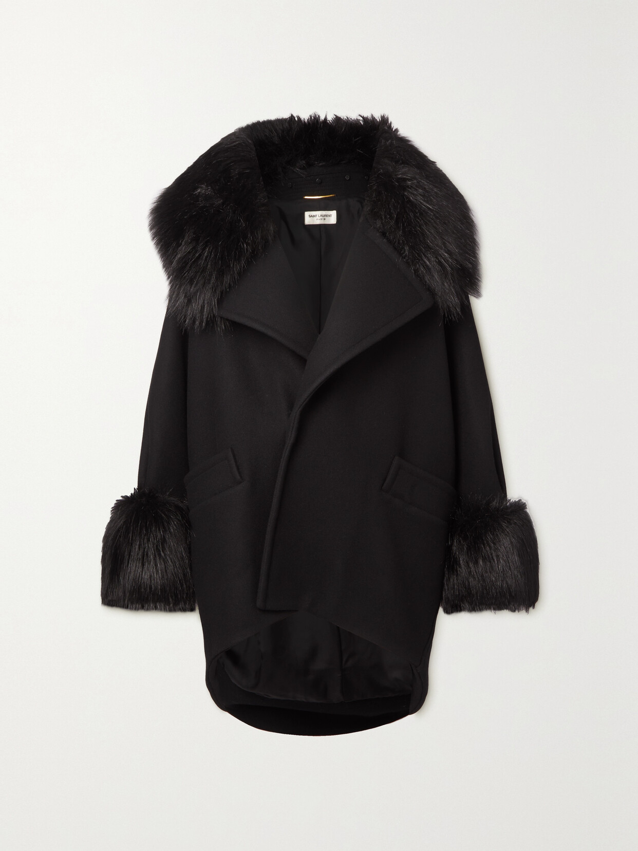 SAINT LAURENT - Oversized Faux Fur-trimmed Wool-blend Felt Coat - Black 22 Awaiting product image