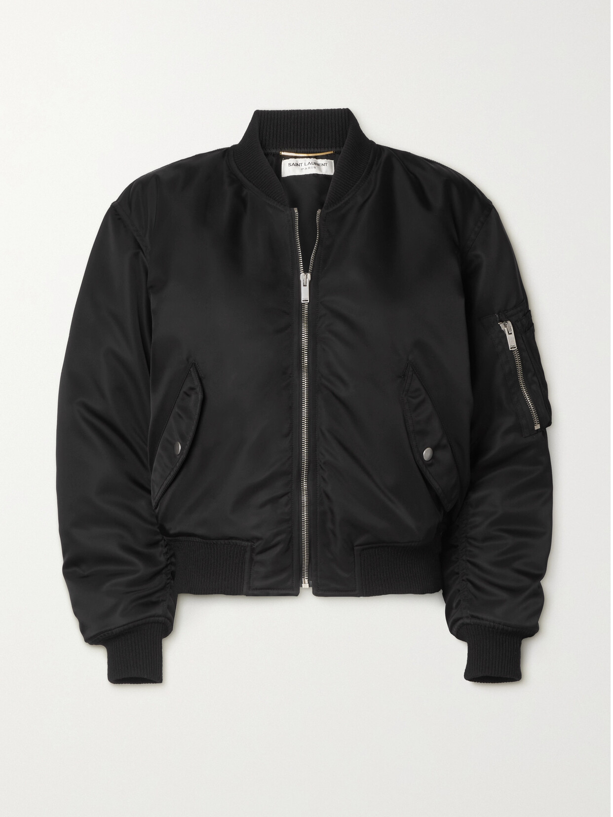 Saint Laurent Ruched Padded Shell Bomber Jacket In Black