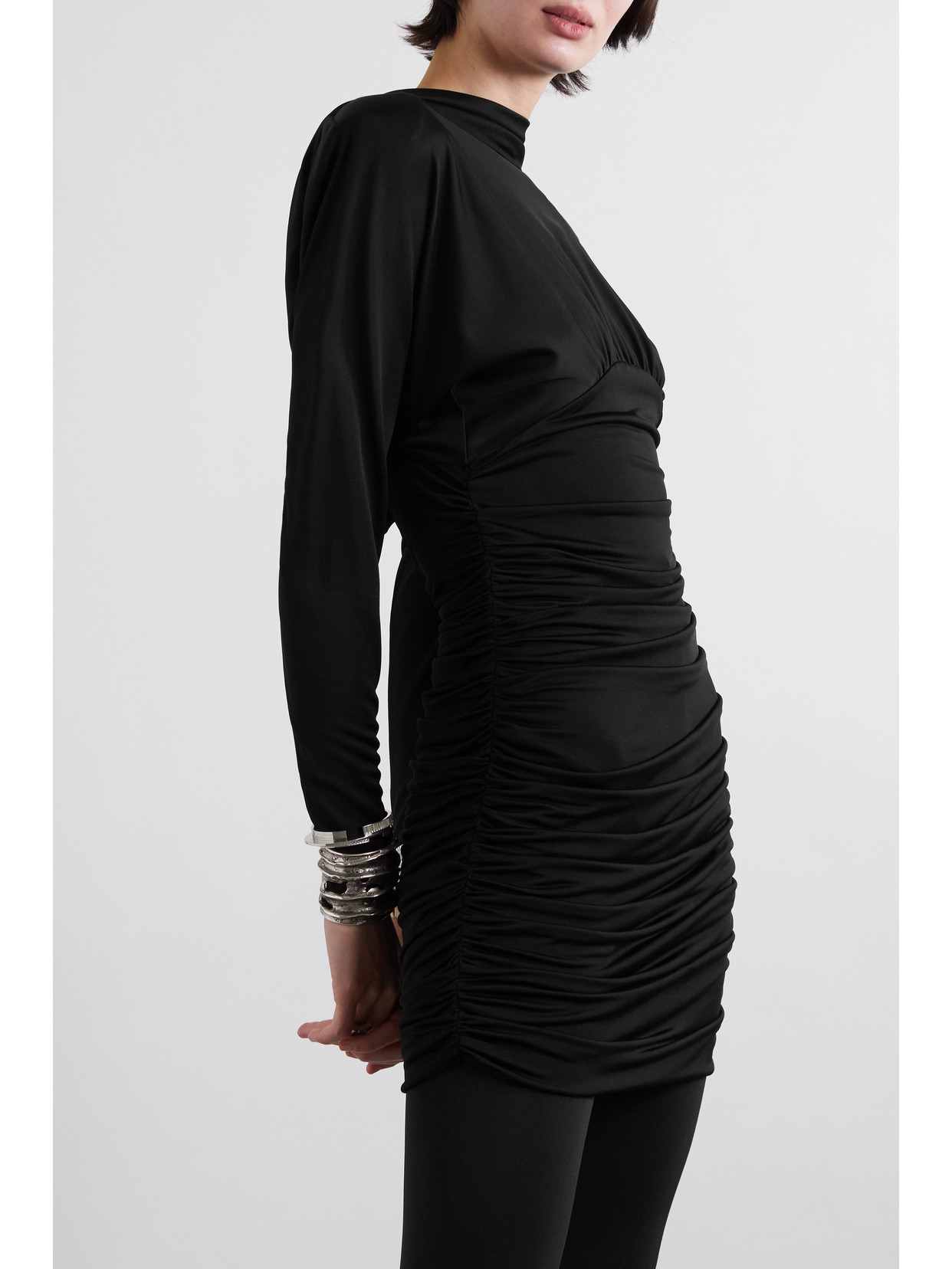 Saint Laurent Open-back Ruched Jersey Mini Dress In Black | ModeSens