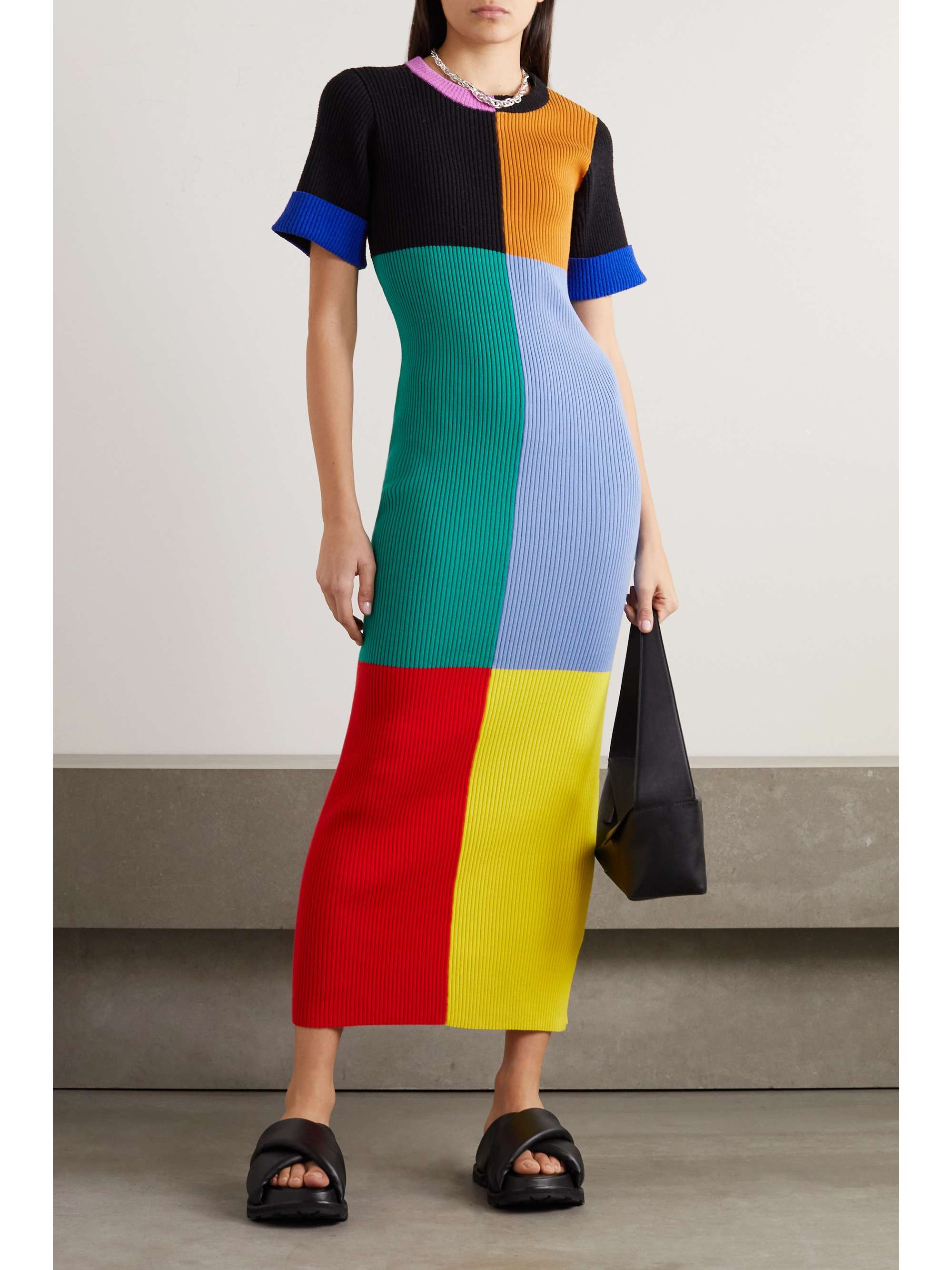 Color-block ribbed cotton-blend maxi dress