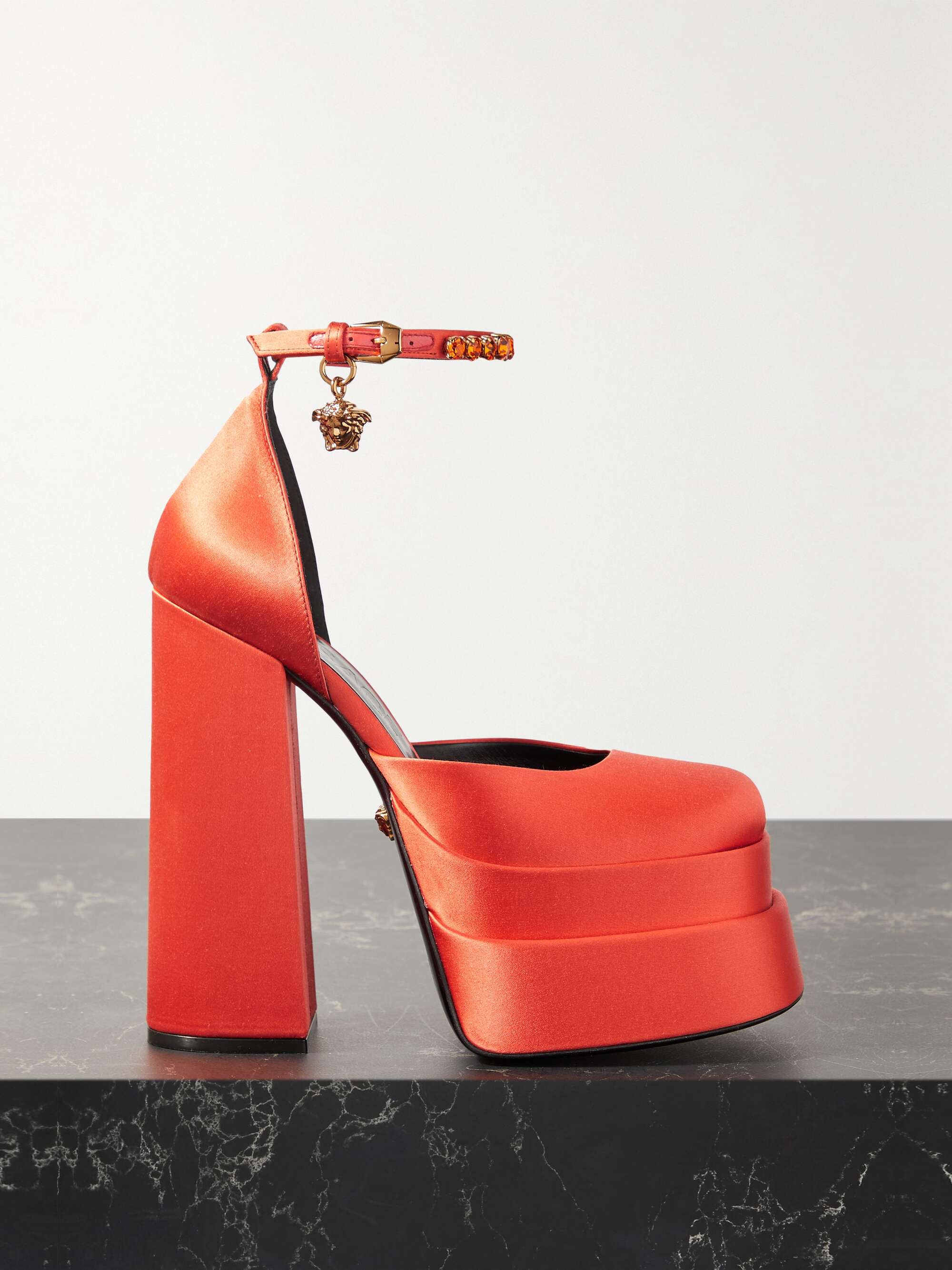 VERSACE Medusa Aevitas embellished satin platform pumps VERSACE Medusa Aevitas embellished satin platform pumps