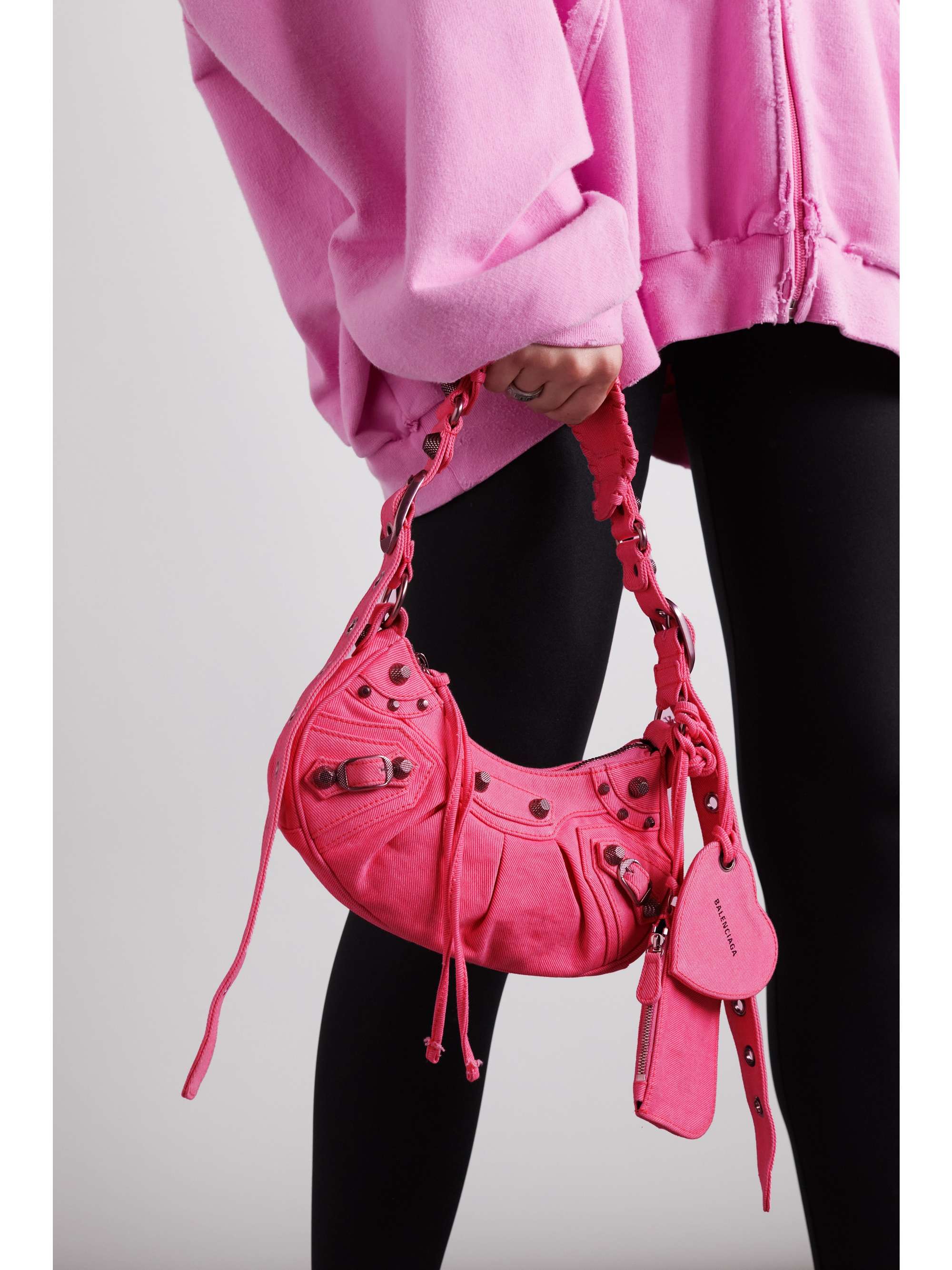BALENCIAGA Le Cagole XS studded neon crinkled-leather shoulder bag