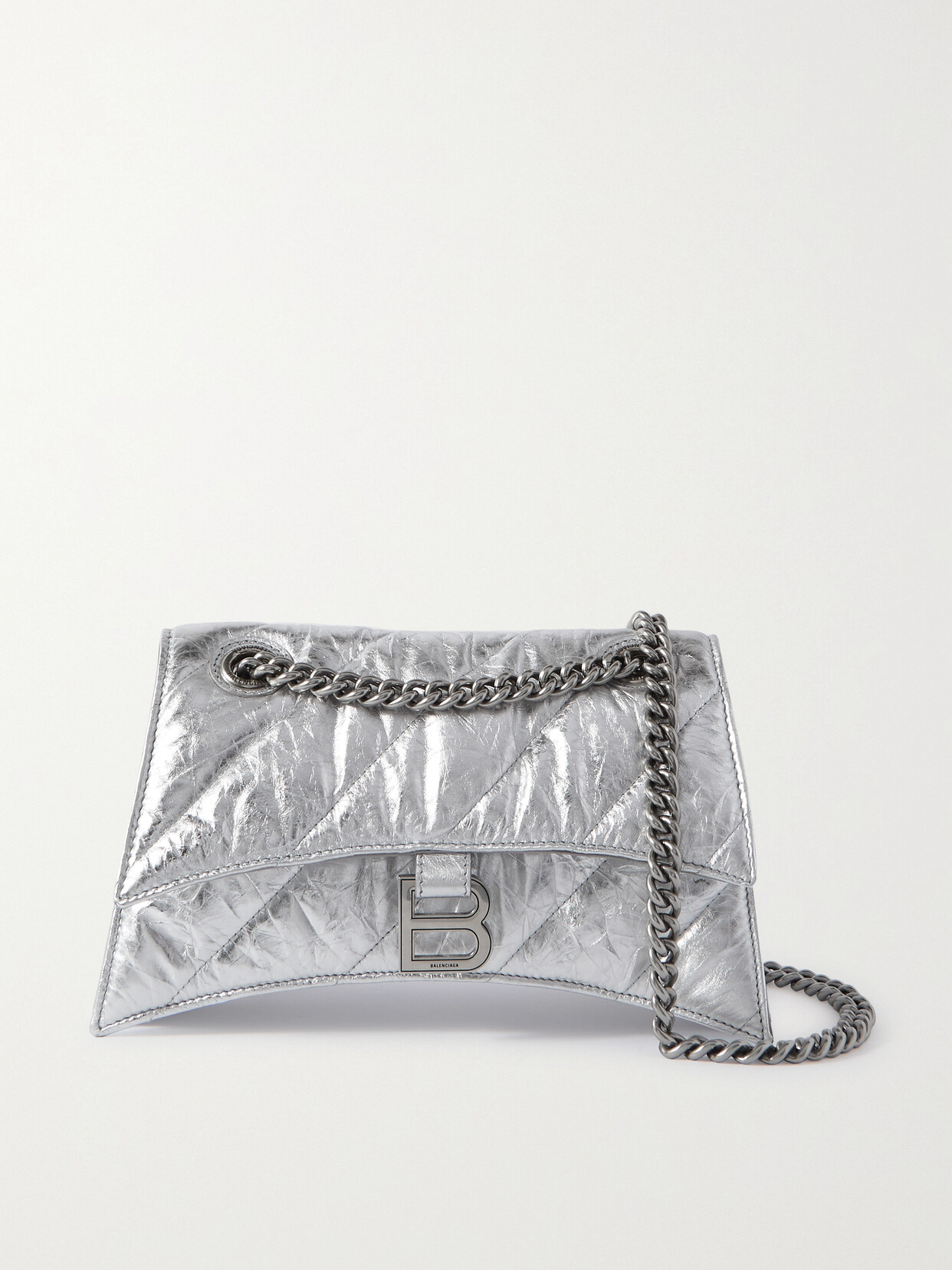 Balenciaga Hourglass Quilted Metallic Crinkled-leather Shoulder Bag In Silver