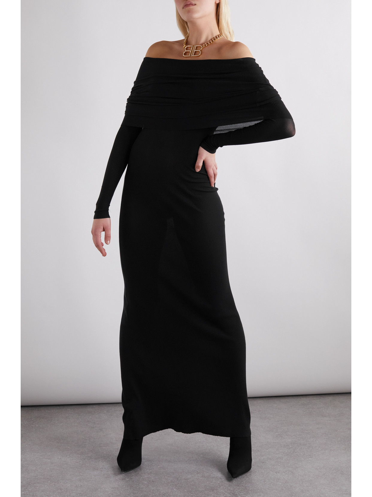 Long Sleeve Off The Shoulder Rib Maxi Dress In Black