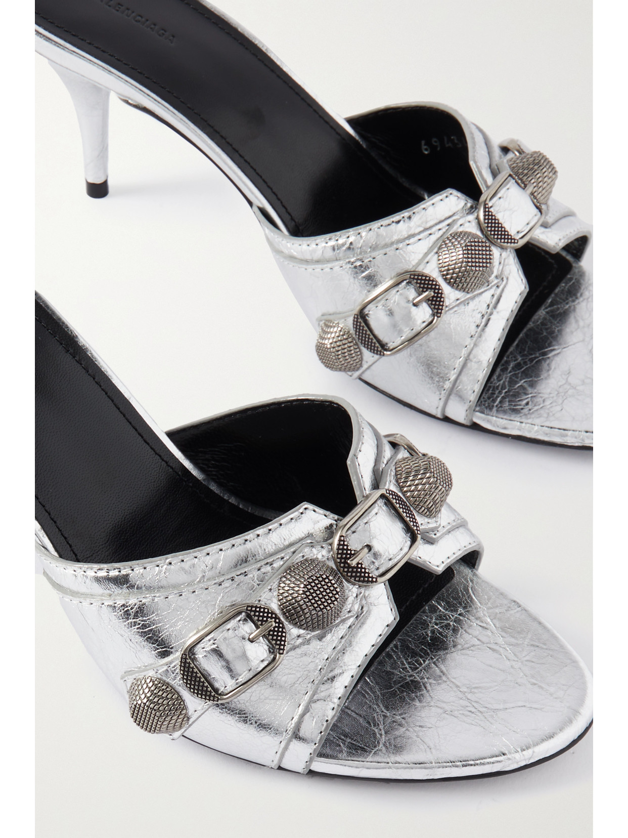 Balenciaga Cagole Metallic Stud Stiletto Mules In Silver