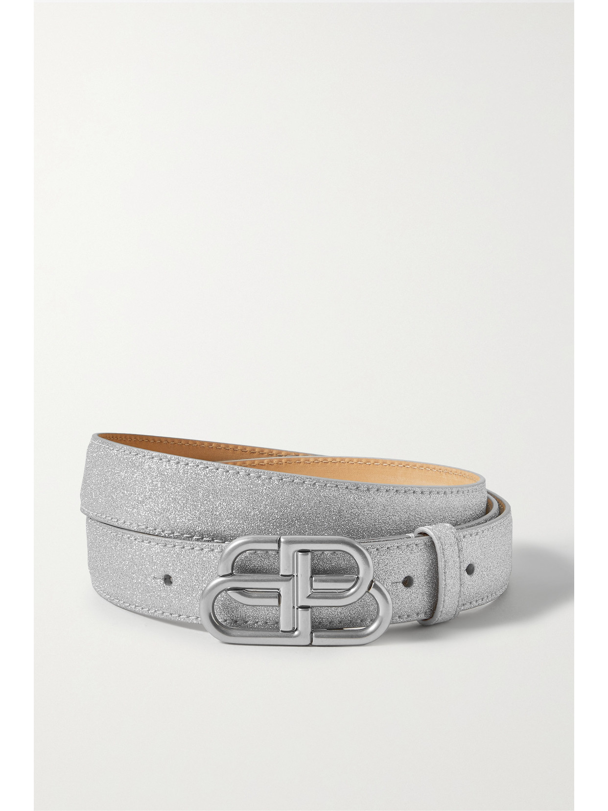 Balenciaga Bb Glittered Leather Belt In Silver