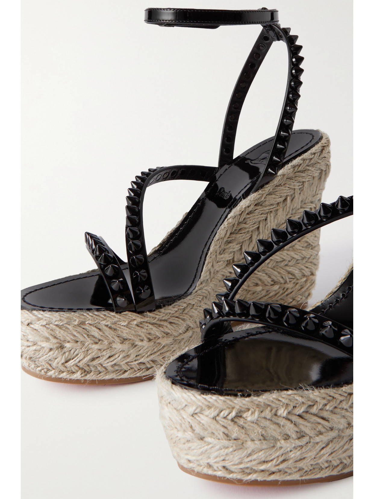 Shop Christian Louboutin Mafaldina Zeppa 120 Studded Patent-leather And Raffia Platform Sandals In Black