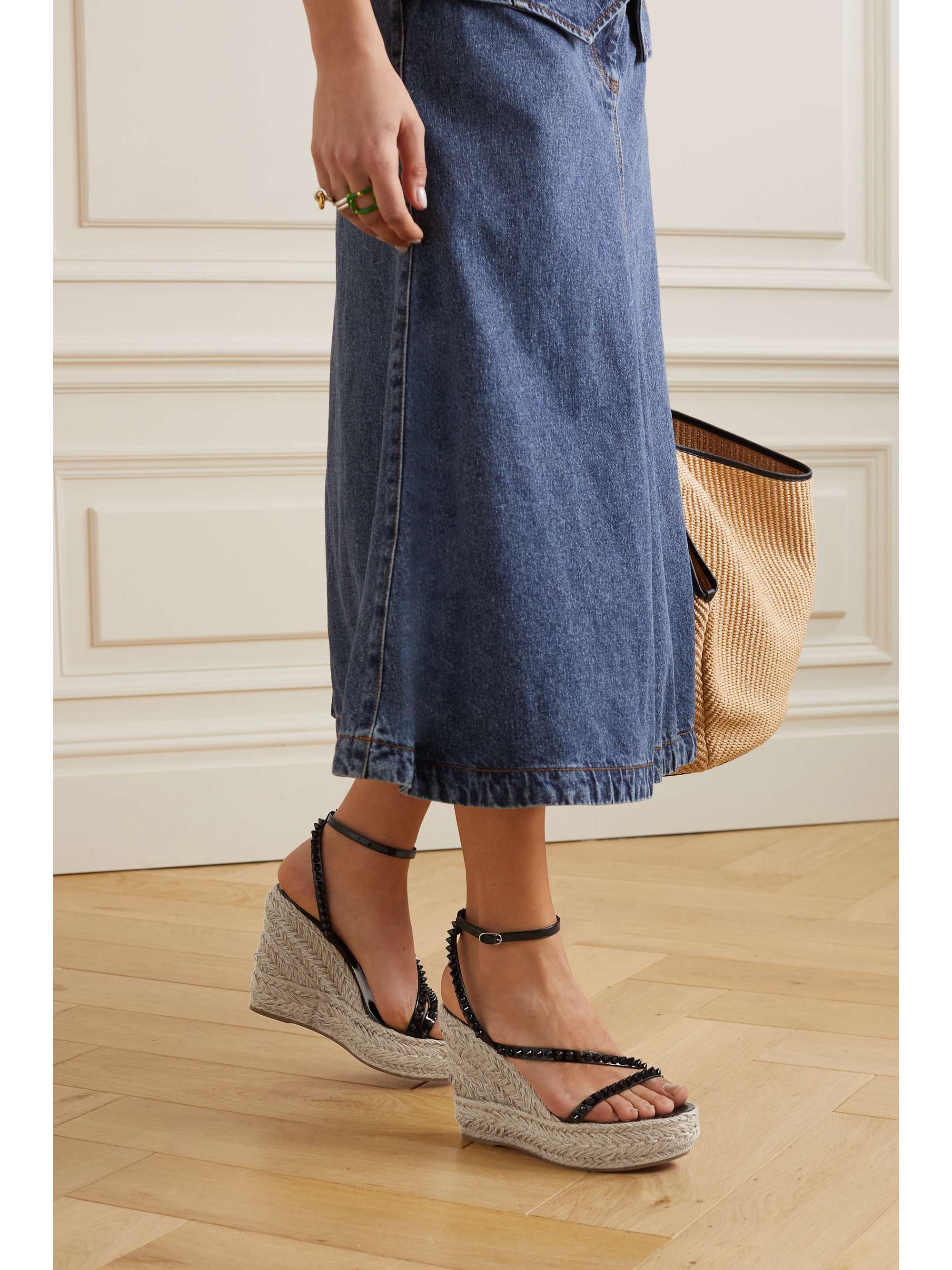CHRISTIAN LOUBOUTIN Mafaldina Zeppa 120 studded patent-leather and raffia platform sandals
