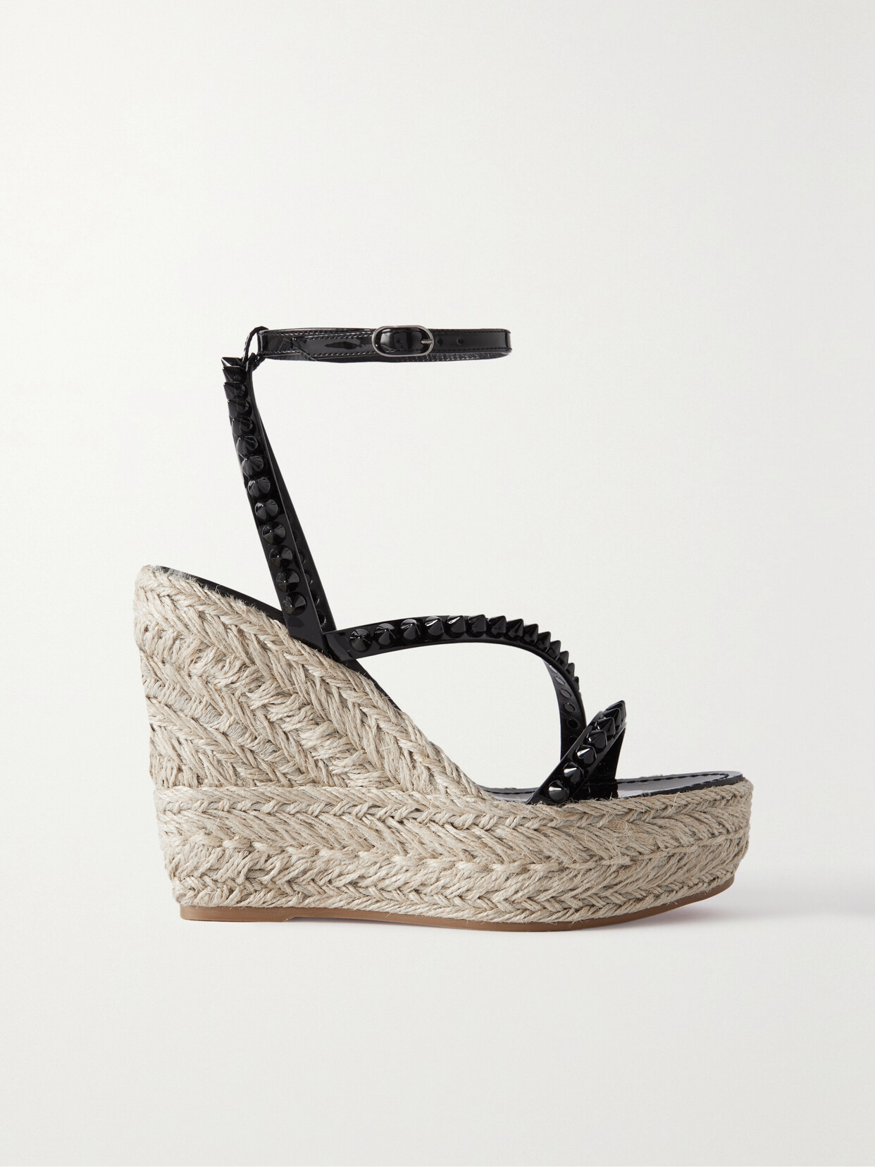 CHRISTIAN LOUBOUTIN MAFALDINA ZEPPA 120 STUDDED PATENT-LEATHER AND RAFFIA PLATFORM SANDALS
