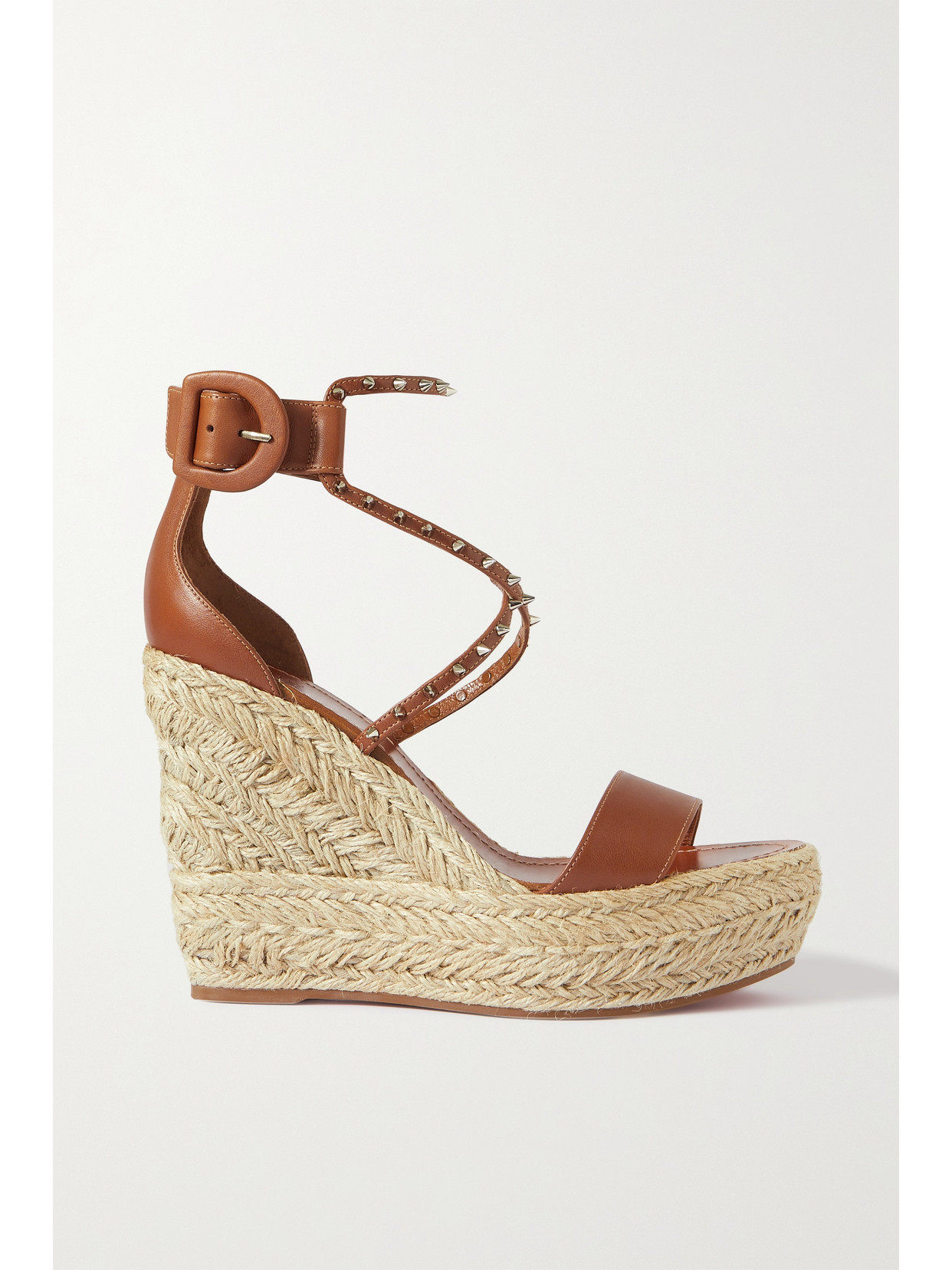 Shop Christian Louboutin Chocazeppa 120 Studded Leather Espadrille Wedge Sandals In Brown