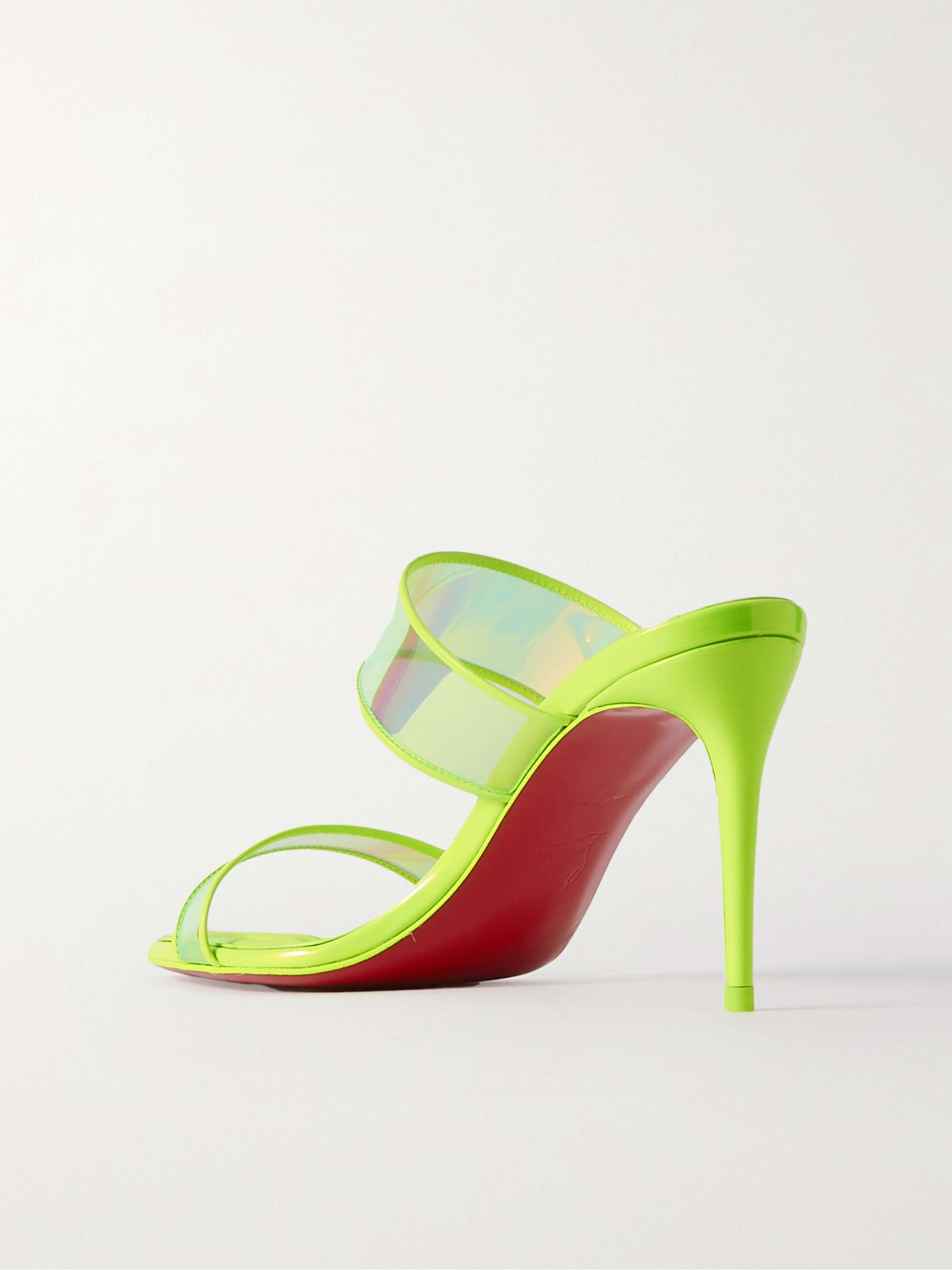 CHRISTIAN LOUBOUTIN Just Loubi 85 neon leather-trimmed iridescent PVC mules